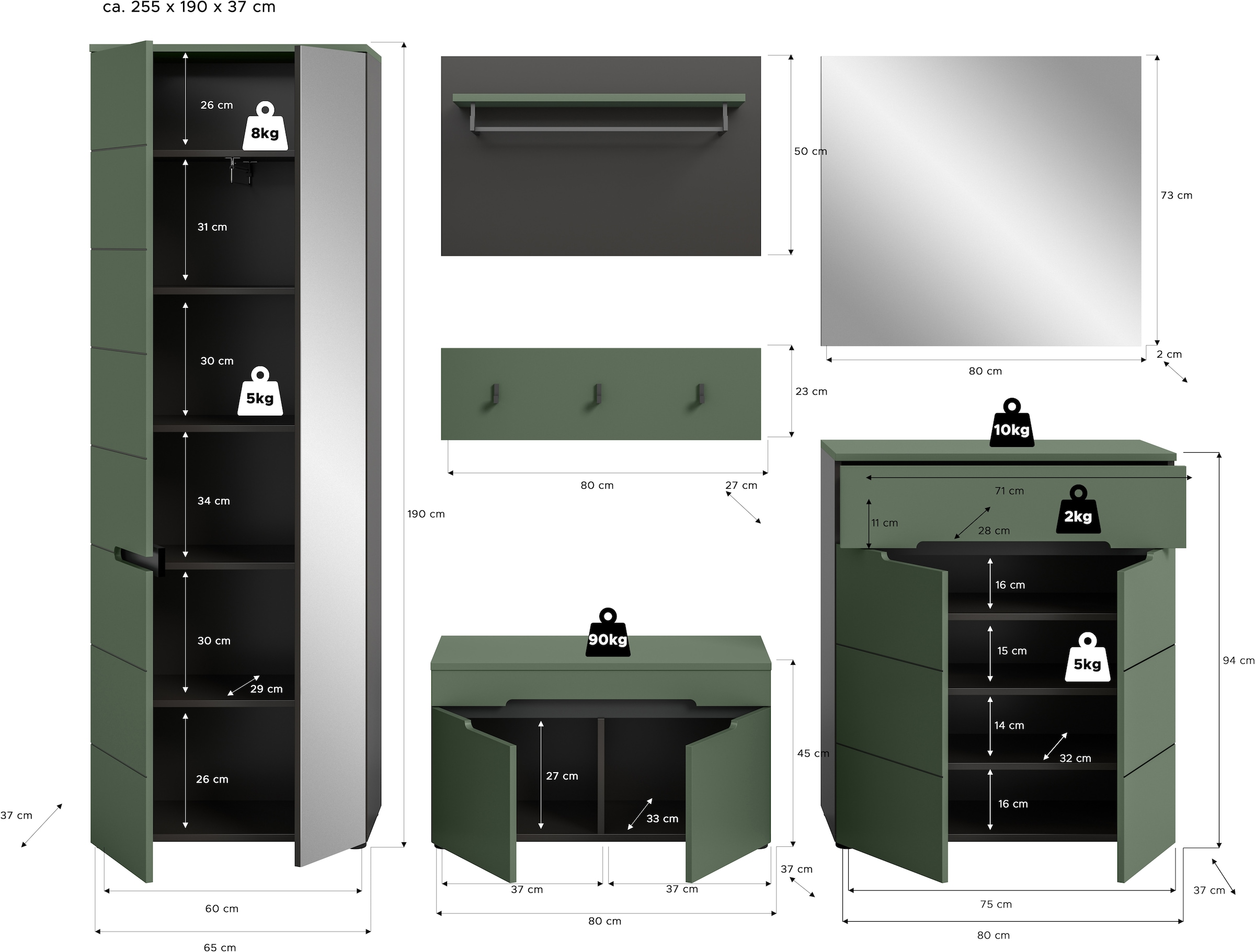 Home affaire Garderoben-Set »Rehat, Garderobenkombination, Breite 255cm« Garderobenschrank, Sitzbank, Paneel, Hakenleiste, Spiegel, Kommode, 6 Stk. tlg.