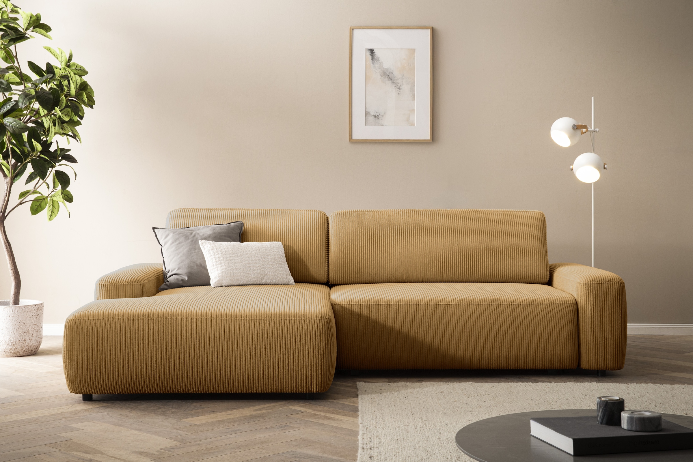 Home affaire Ecksofa »TORGE (264cm), Schlafsofa in Cord, Samtvelours o Struktur fein, L-Form« Schlaffunktion, Bettkasten, Liegefläche: 125/210 cm
