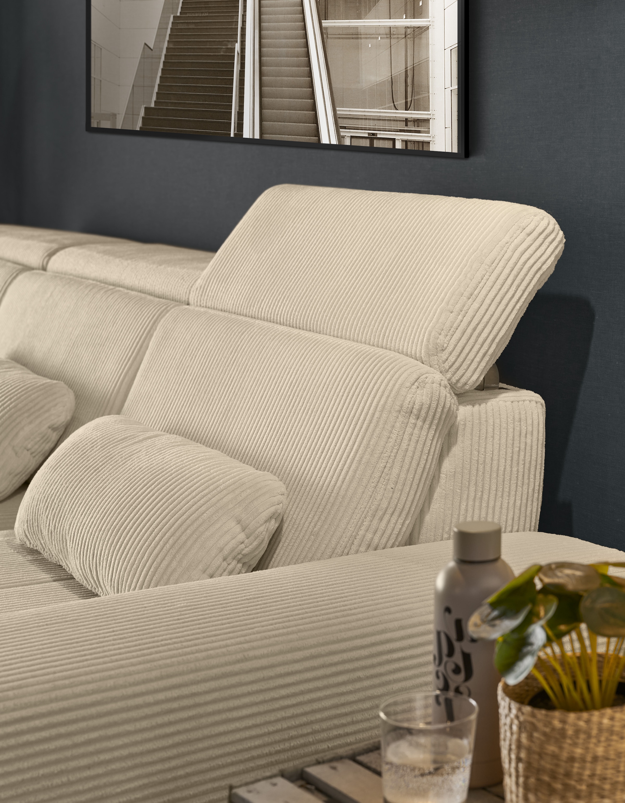 set one by Musterring Ecksofa »SO 3400 Sitzhöhe 47cm oder 49cm, Sitztiefe verstellbar, B/T: 307/195cm«, whlw. mit Funktion, Kaltschaum, in Cord, natur, Sitzhöhe 47