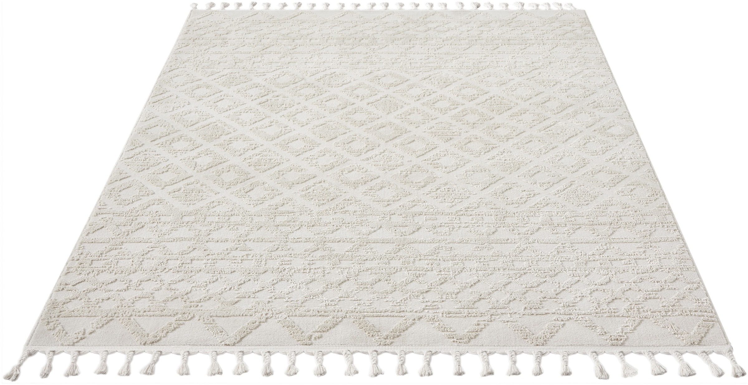 OTTO home Teppich »Ribeyret« rechteckig 11 mm Höhe mit Fransen, Hoch-Tief-Struktur, Woll-Look, Boho-Style, Wohnzimmer