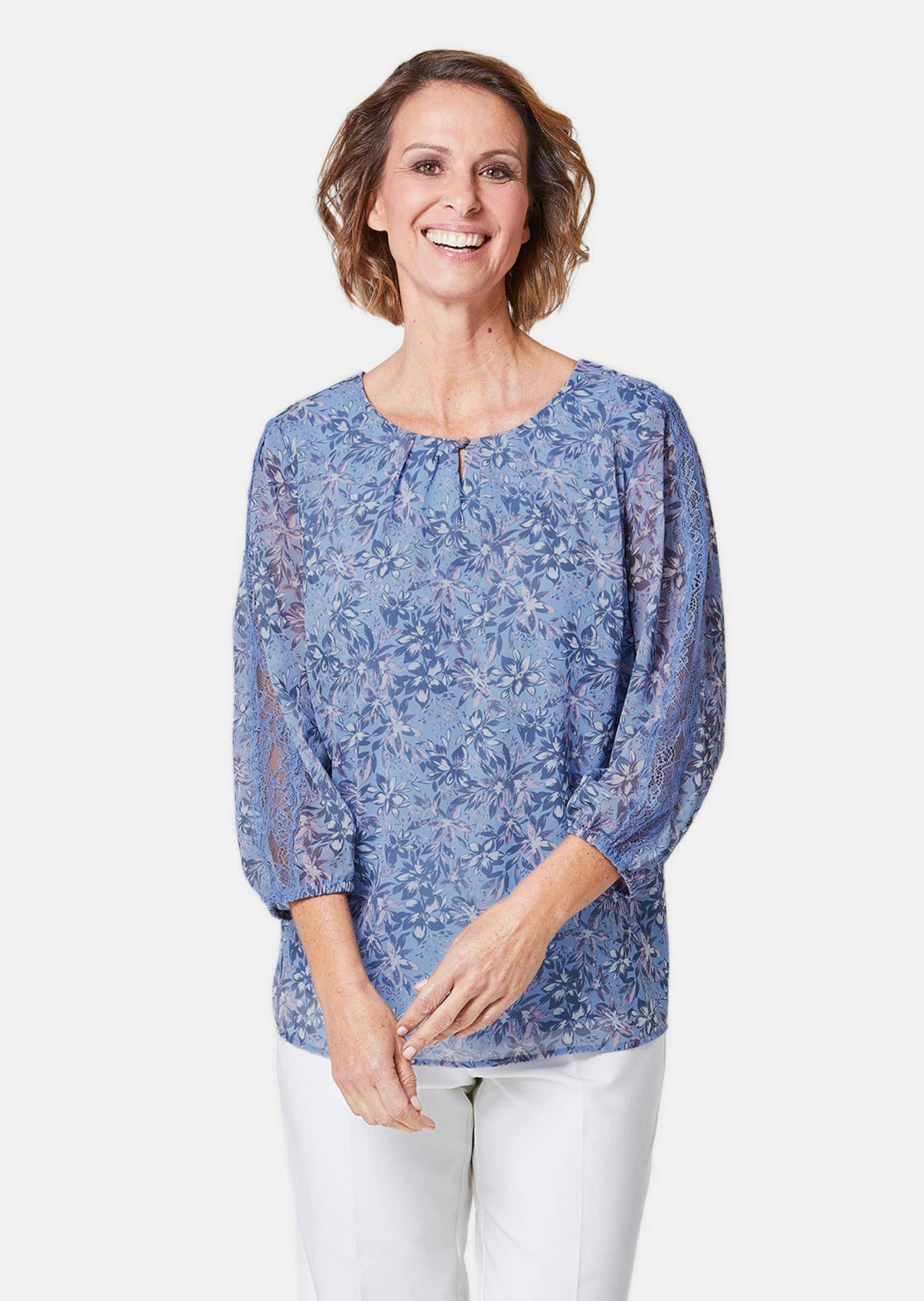 GOLDNER Kurzarmbluse »Chiffonbluse mit farbbrillantem Druck« Ohne