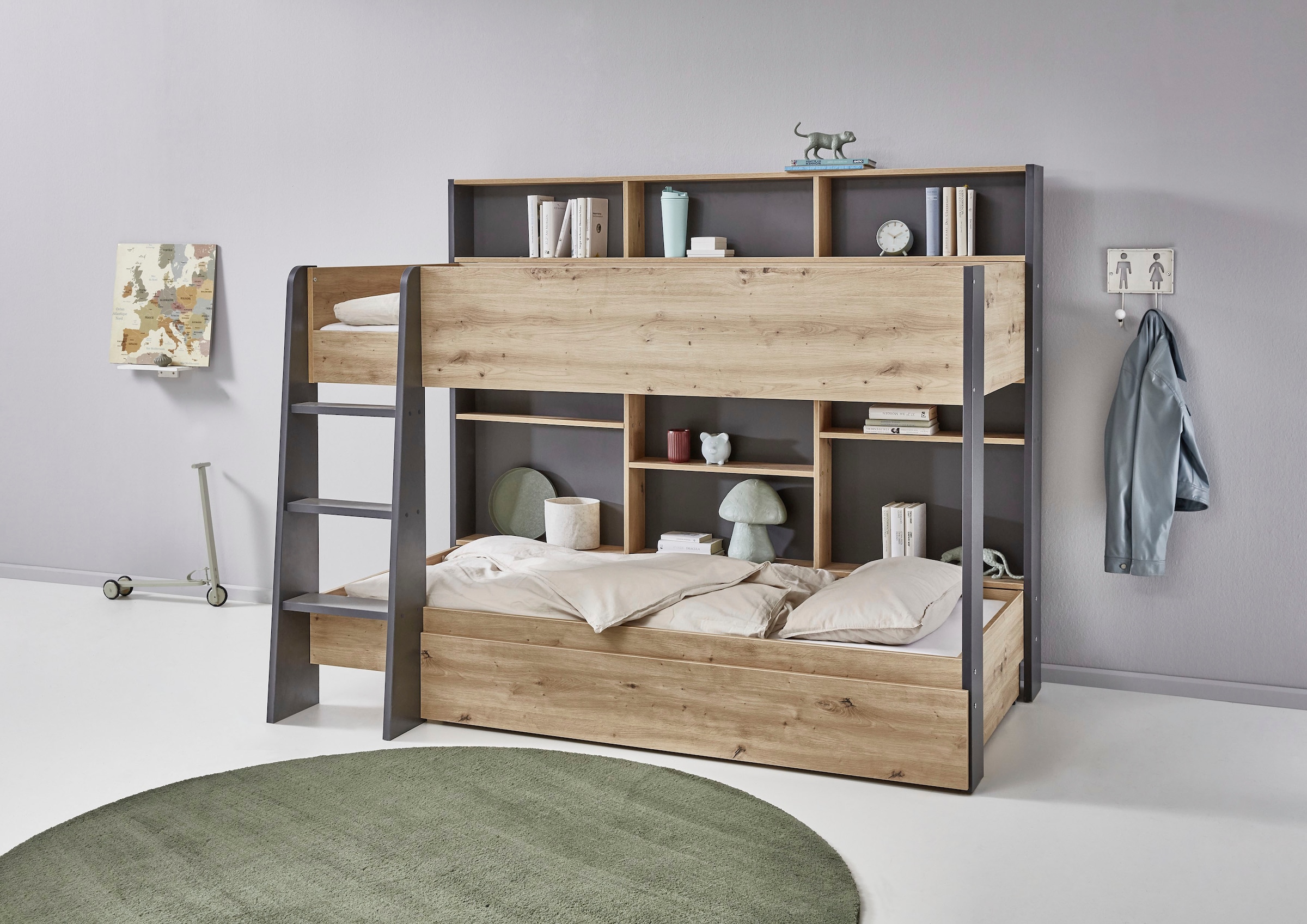 Relita Etagenbett »Sely, viel Funktion auf kleinem Raum, 2 Liegeflächen, modernes Design« viele Regalfächer an der Bettrückseite, inkl. Schublade auf Rollen,  viel Stauraum, pflegeleichte Melamin Oberfläche, 3 Farben zur Wahl