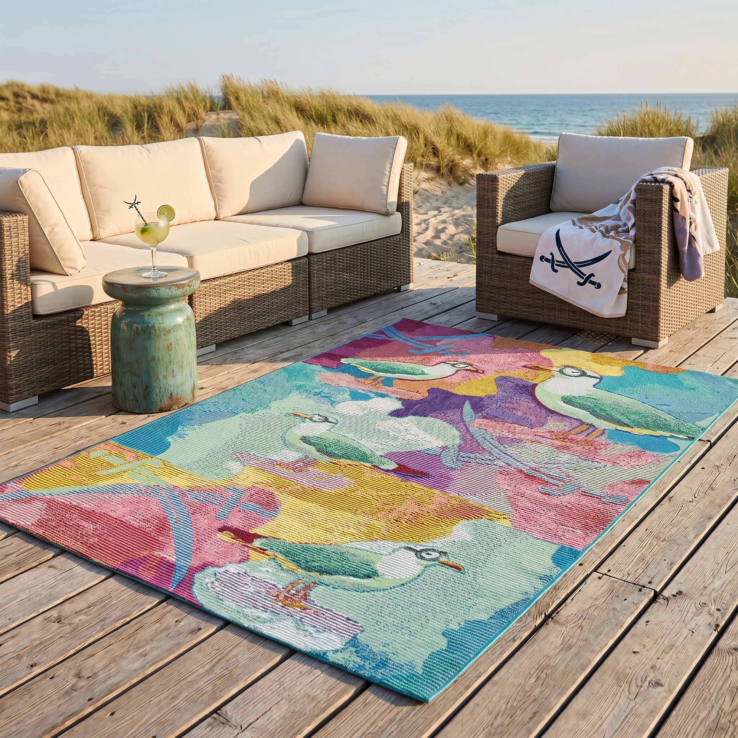 Sansibar Teppich »Rantum Beach SA-022« rechteckig 5 mm Höhe Flachgewebe, modernes Design, Motiv Möven, In- & Outdoor geeignet