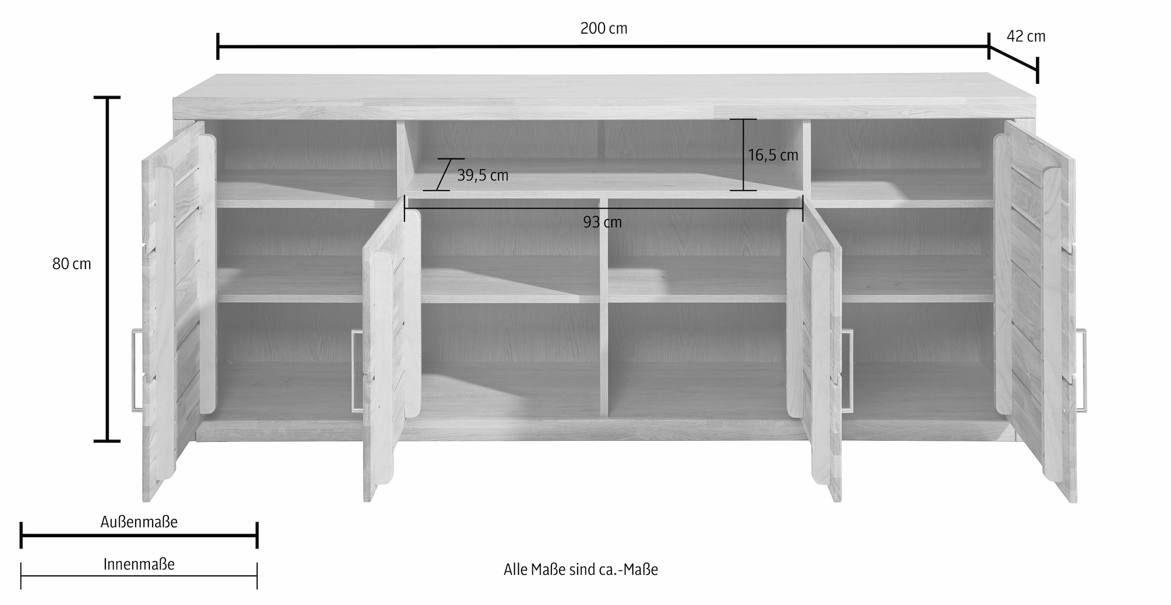 Home affaire Sideboard »Logo,200cm breit,42 cm tief,Fronten Massivholz,11 Fächer«, Kernbuche massiv, Holzwerkstoff, 4Türen,11 Fächer,Böden versetzbar