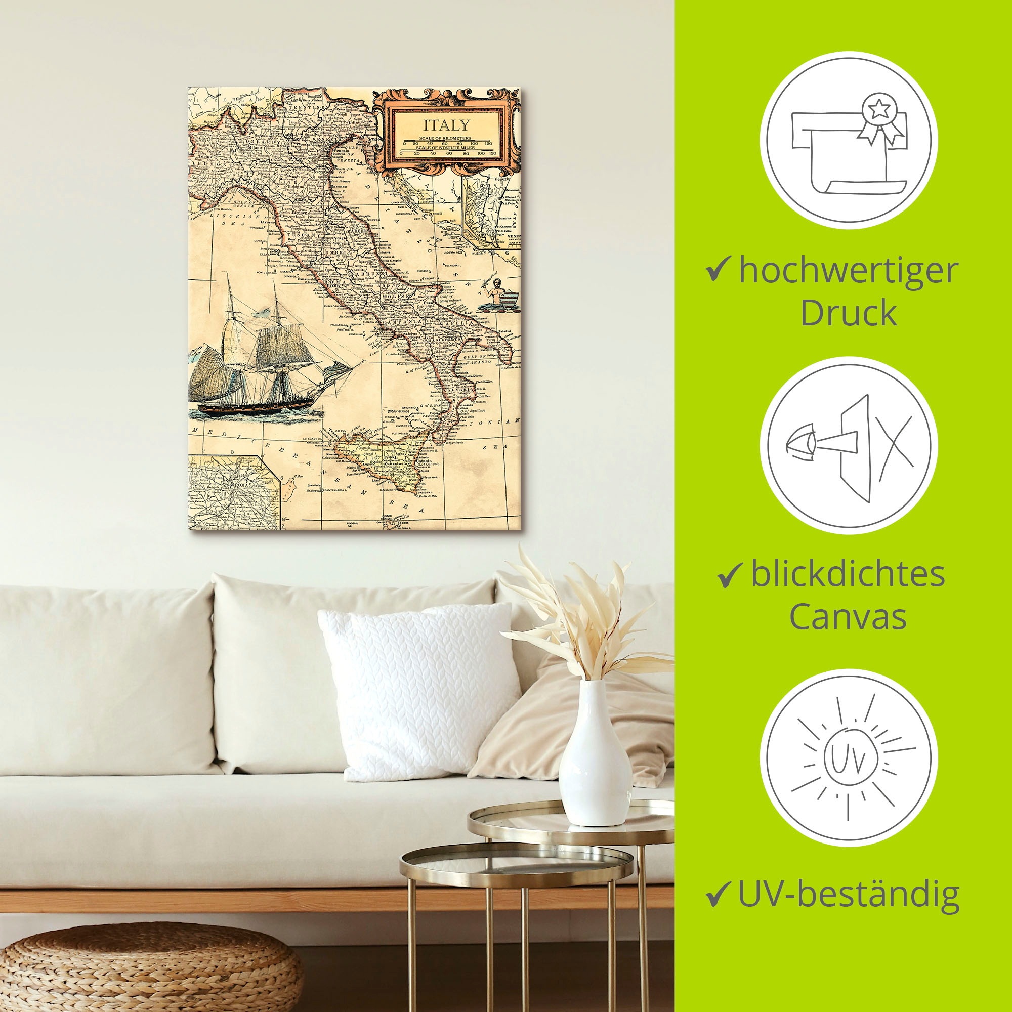 Artland Wandbild »Italienkarte«, Landkarten, (1 St.), als Leinwandbild, Poster in verschied. Größen