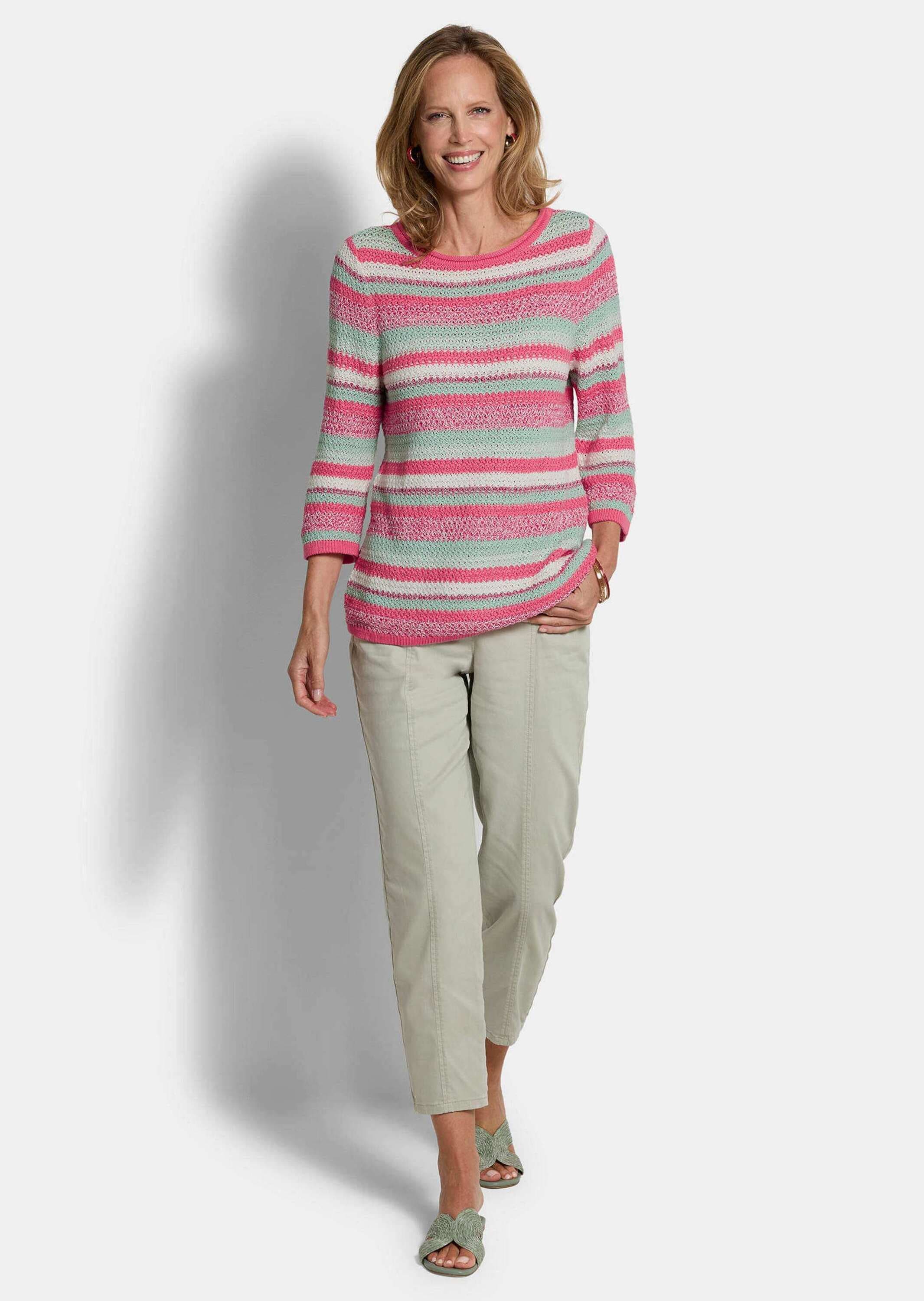 GOLDNER Rundhalspullover »Kurzgröße Baumwollpullover mit Ringel-Muster« Strukturierter Ringelstrick