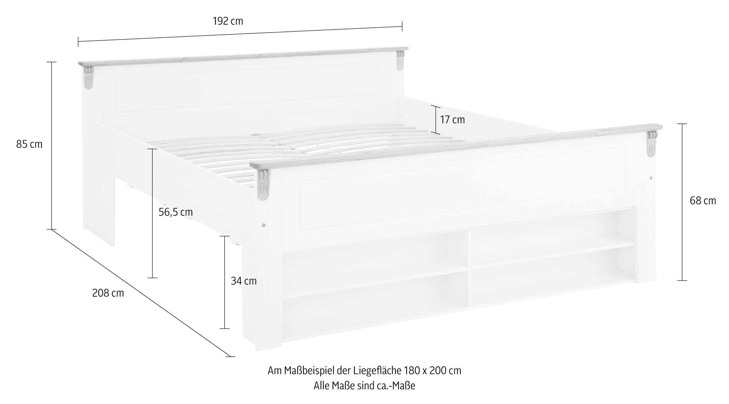 Home affaire Massivholzbett »Tessin, Stauraumbett, Landhausstil, Schubladen optional, rustikal«, (Breite/Belastbarkeit 180cm/220 KG, 140cm/180 KG), zertifizierte Kiefer, Kassetten-Optik, stabile Qualität