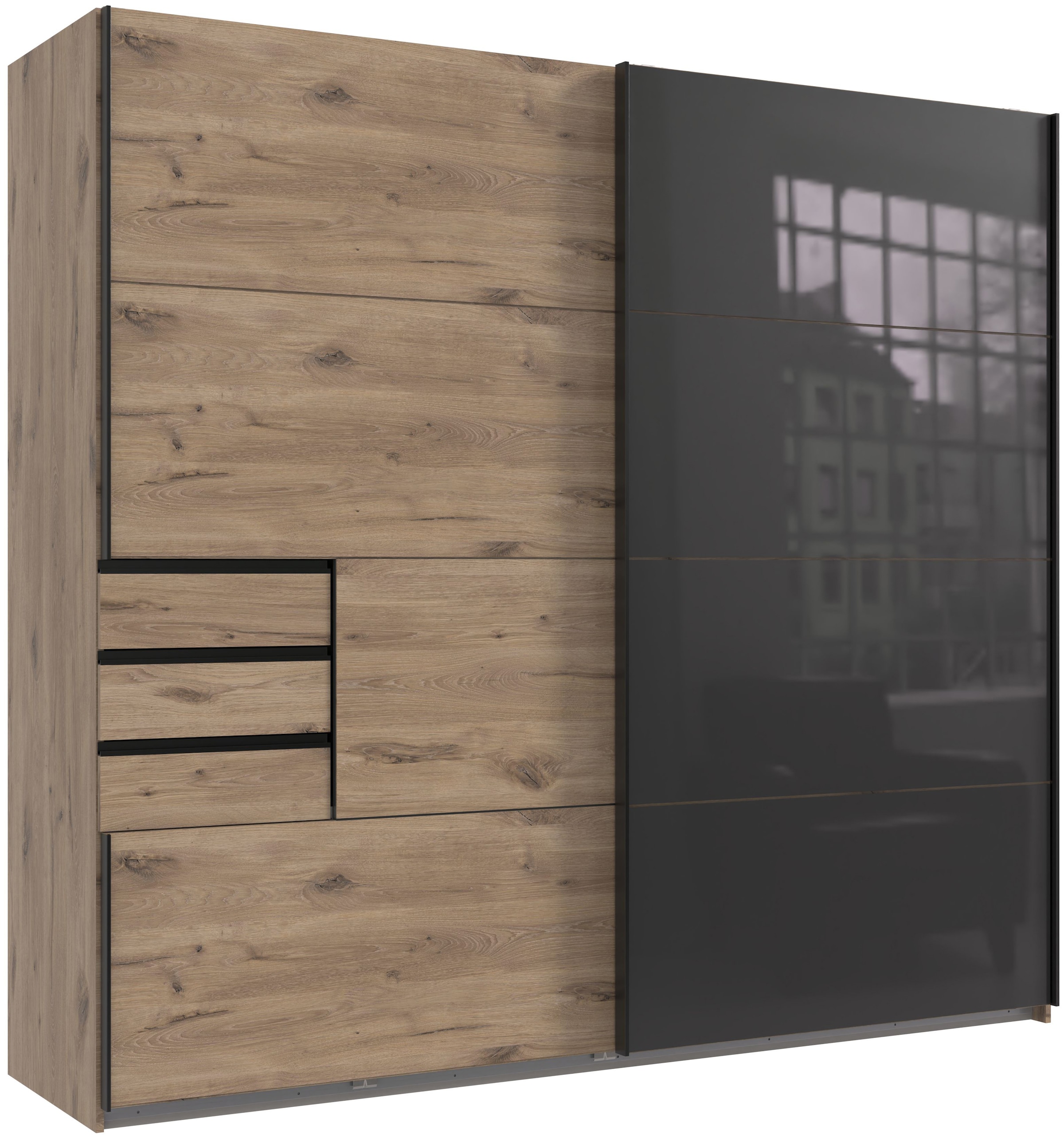 Wimex Schwebetürenschrank »Leonberg, Kleiderschrank mit 3 Schubladen«, mit graphitfb.Glasfront, 225cm breit, 208cm hoch