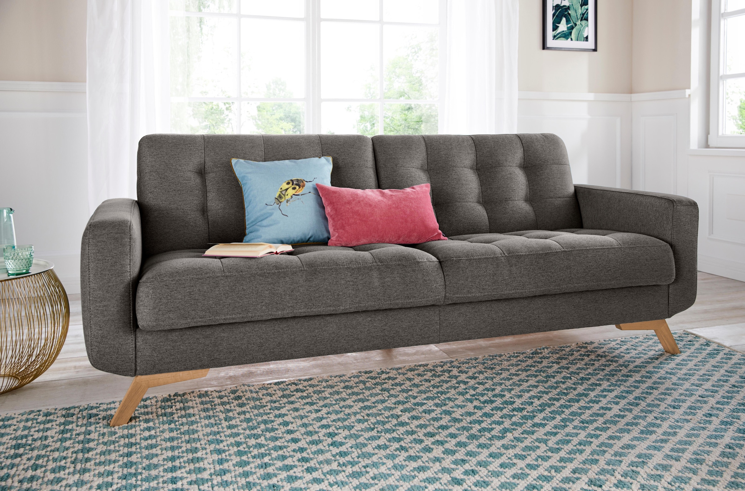 exxpo - sofa fashion 3-Sitzer »Fiord, aktuelles Design, tolle Detailverarbeitung im Sitz und Rücken«, bequem, wahlweise Kippcouch mit Bettfunktion und Bettkasten, Holzfuß