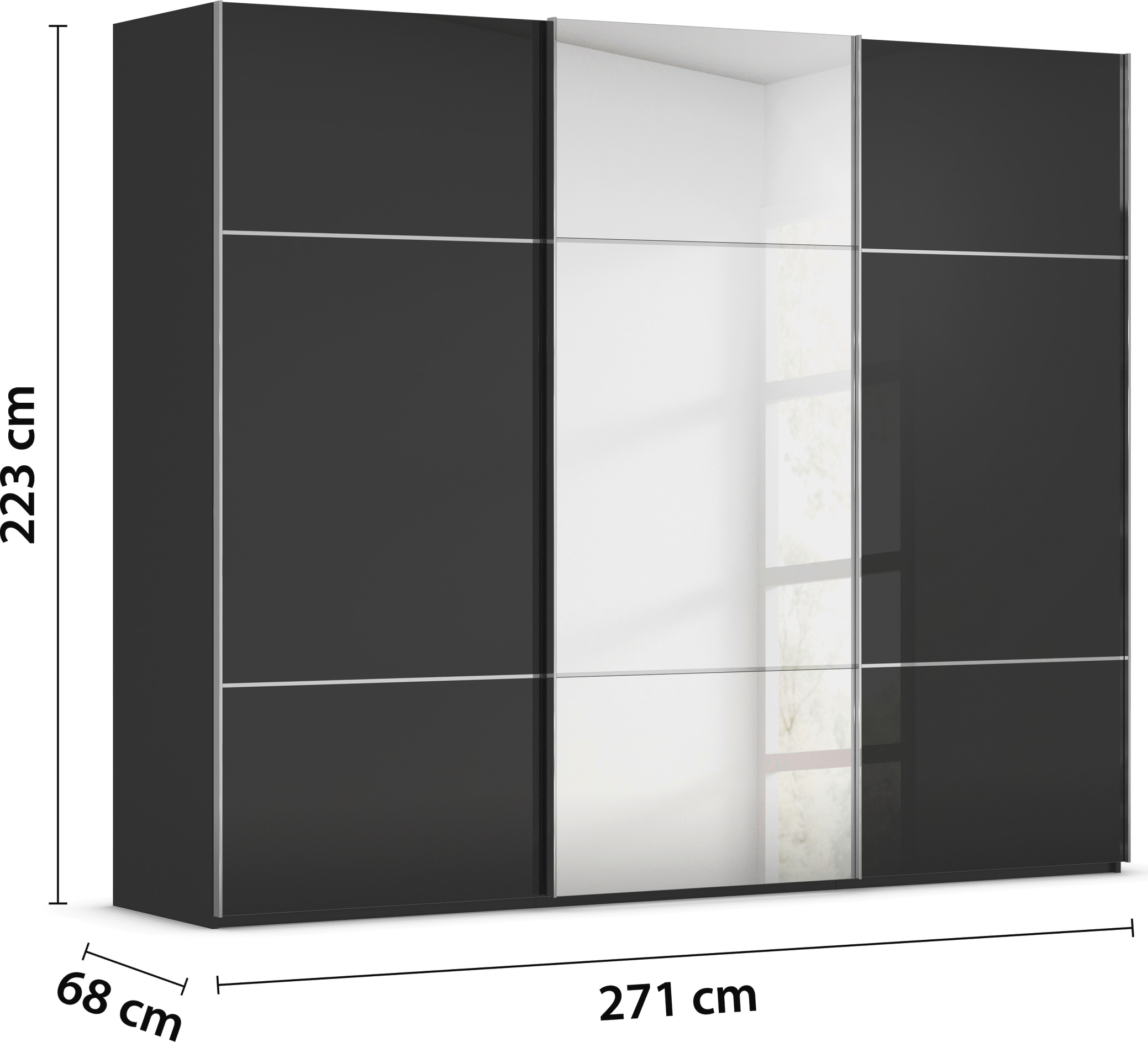 rauch Schwebetürenschrank »Kleiderschrank Schrank Garderobe Schlafzimmerschrank SCALE-TRIO«, edle dreigeteilte Front mit 2 Zierleisten Spiegel/Glas MADE IN GERMANY