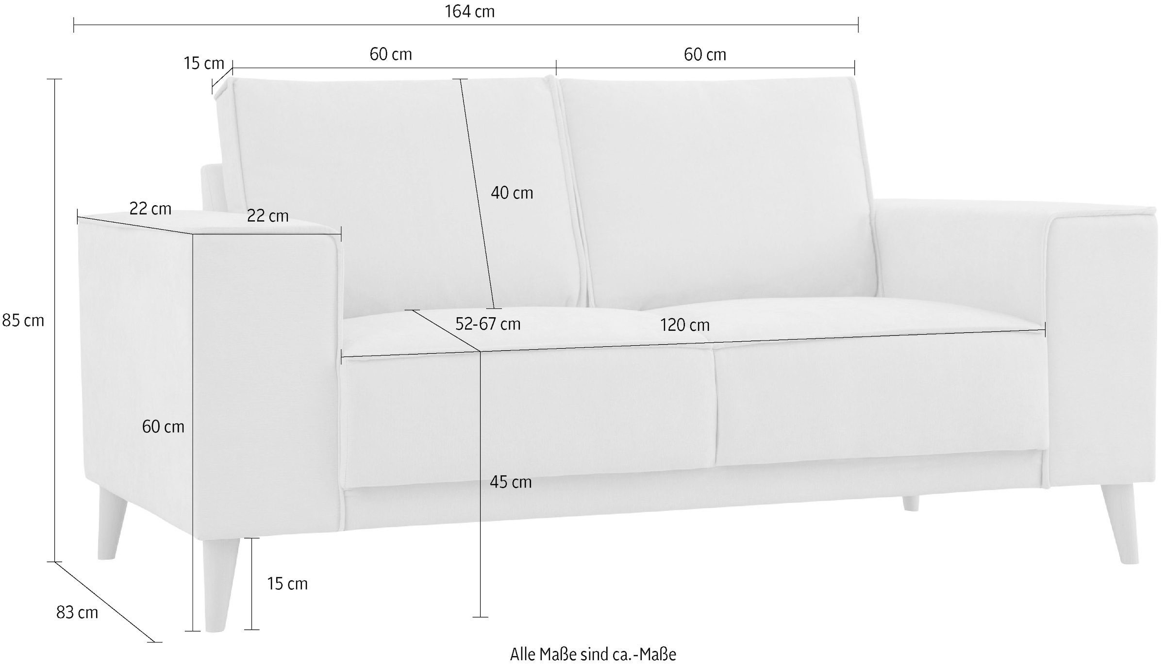 OTTO home 2-Sitzer »Oland Skandi, weicher Chenille-Stoff« 164 cm, Wellenunterfederung, Skandi-Design, Massivholzfüße