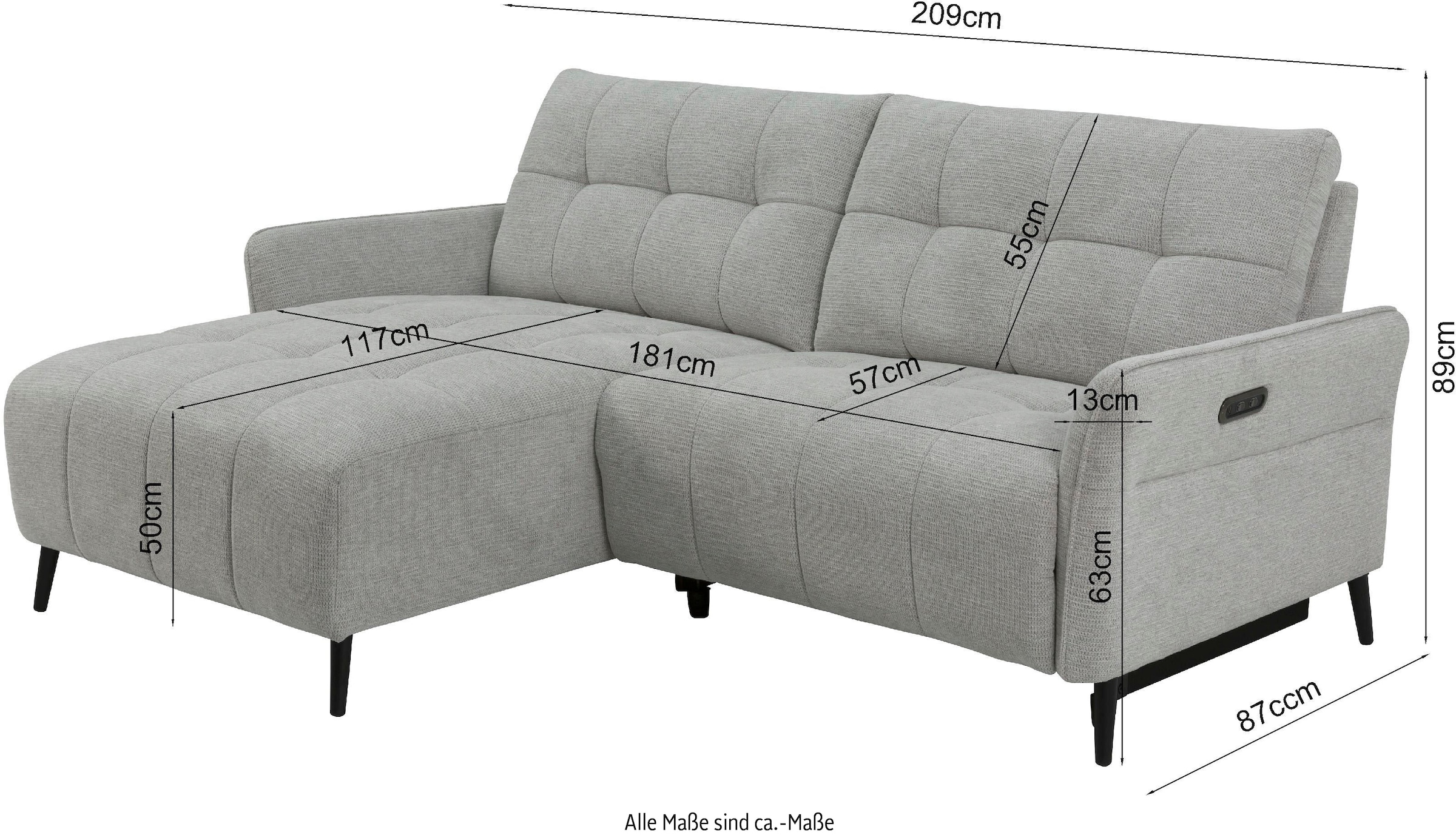 INOSIGN Ecksofa »DENIO 3-Sitzer, L-Form (Breite 209cm), elektr. Relaxfunktion, USB-A/C« Liegefunktion durch Recliner, Federkernpolsterung