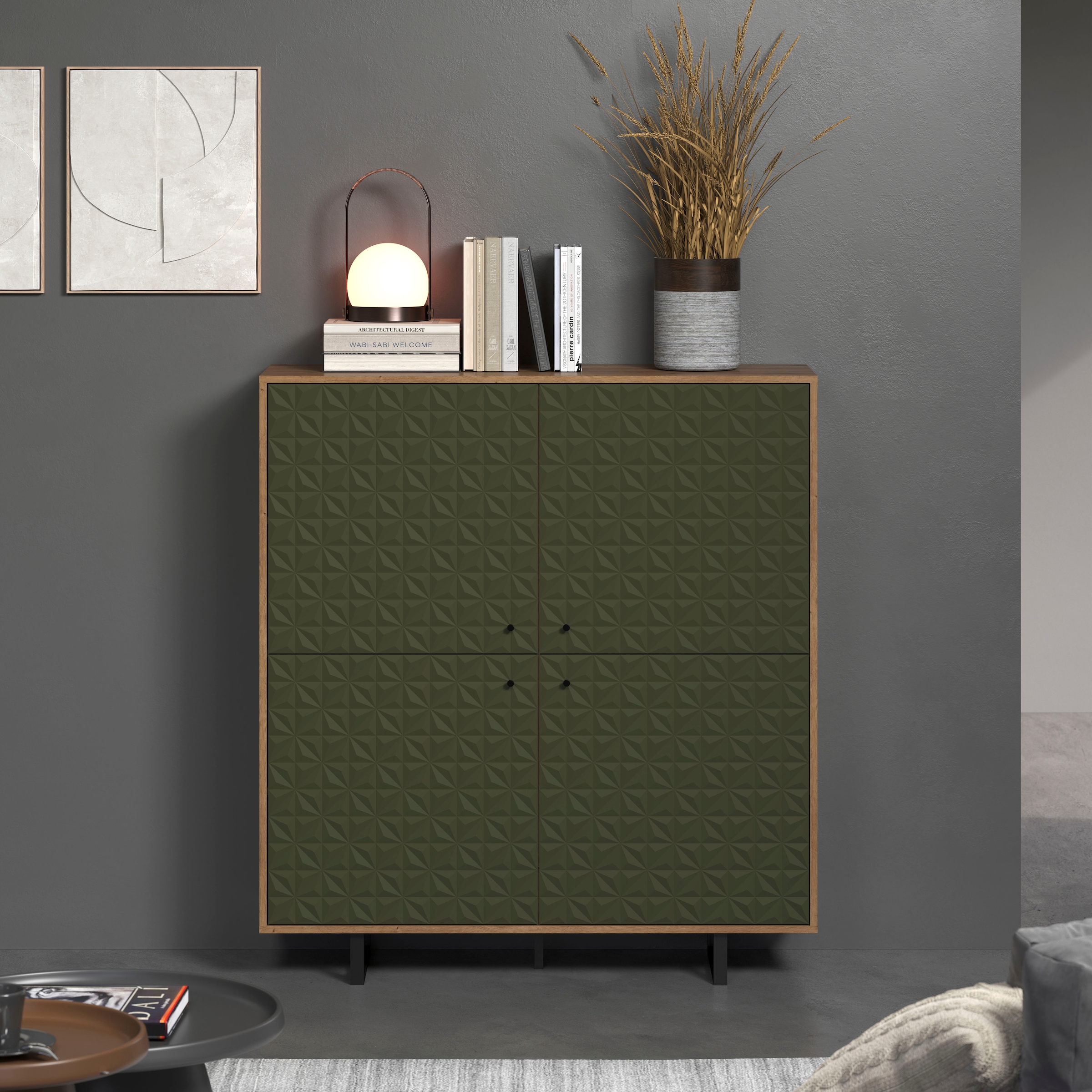 PLACES OF STYLE Highboard »Ferretti« Sideboard mit besonderer Fräsung - Füße und Griffe aus Metall