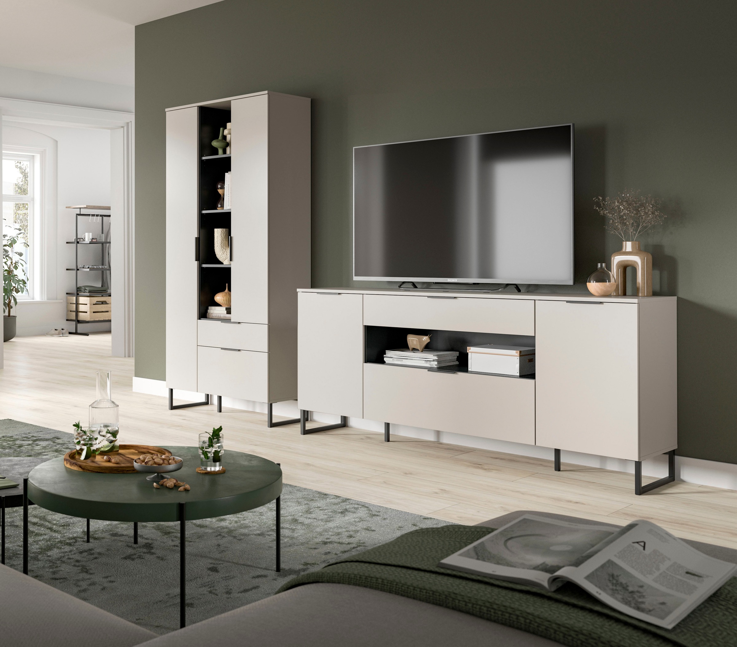 Home affaire Wohnwand »ADIO, Breite 290 cm, 2-teiliges Set, mit Metall-Kufenfüße« Set, bestehend aus: Mehrzweckschrank und Sideboard, 2 Stk. tlg.