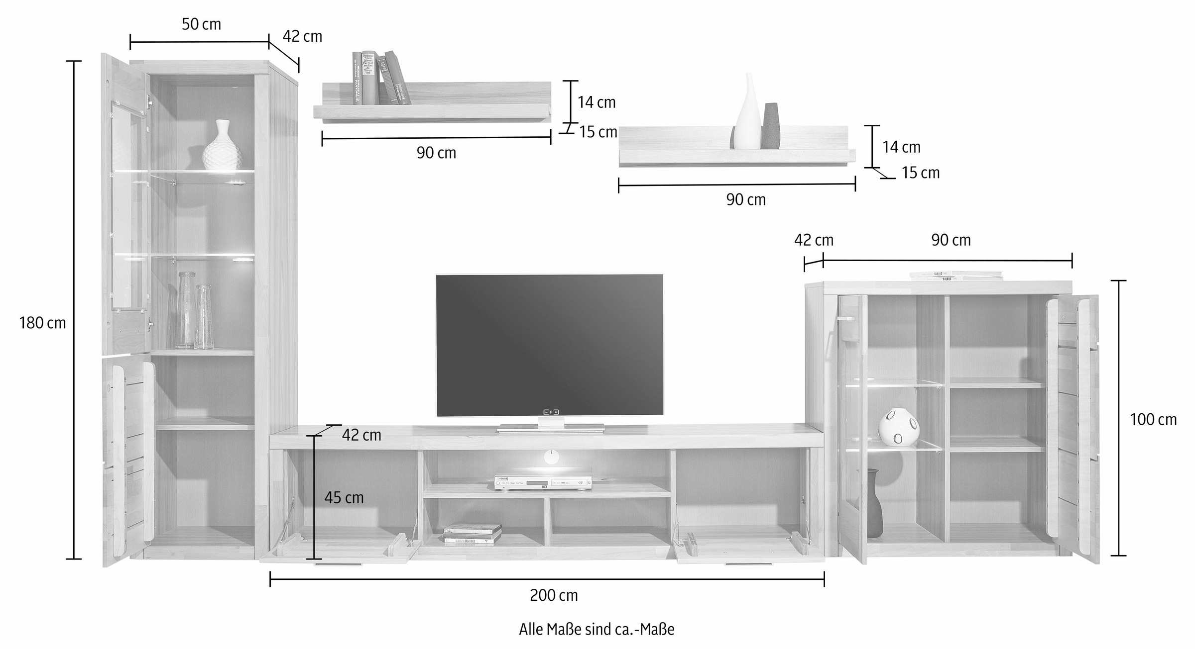 Home affaire Wohnwand »Logo,Fronten Massivholz,Korpus Holzwekstoff,Böden versetzbar«, (Set, 5 St.), Türanschlag hohe Vitrine wechselbar,bei TV Teil Kabeldurchführung