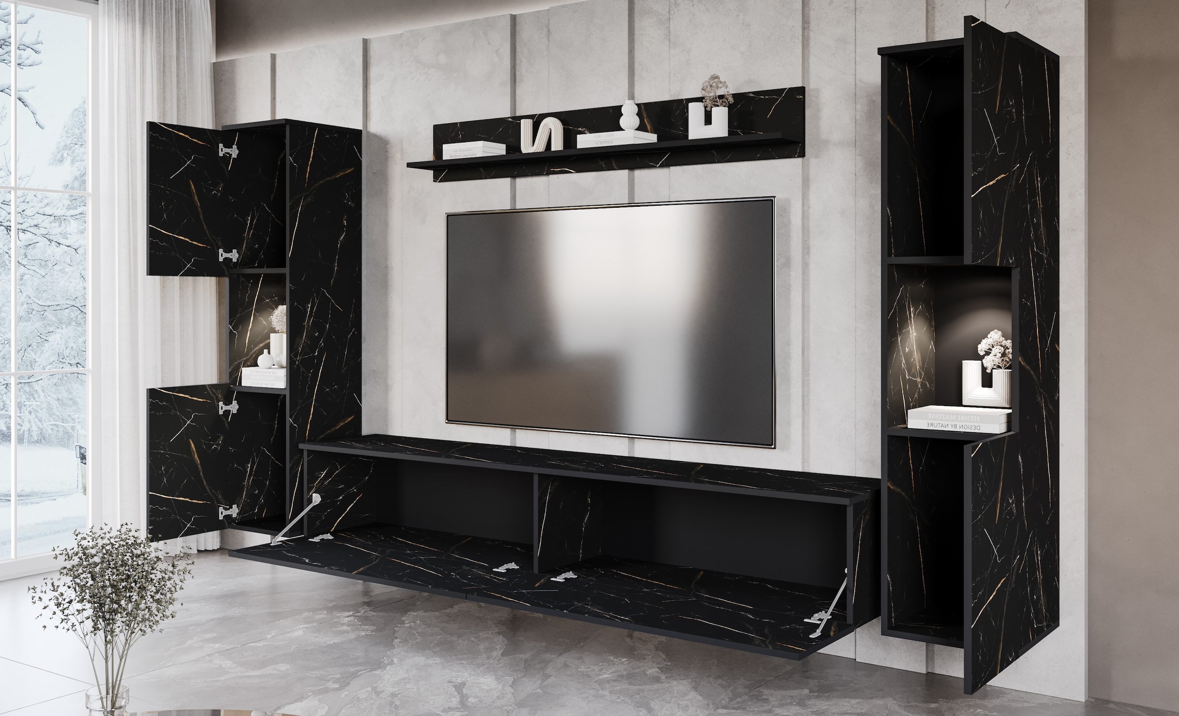 INOSIGN Wohnwand »PARIS, Vitrine Türanschlag links/rechts wechselbar«, (Komplett-Set, 4 St.), grifflose Design, stehend und hängend montierbar