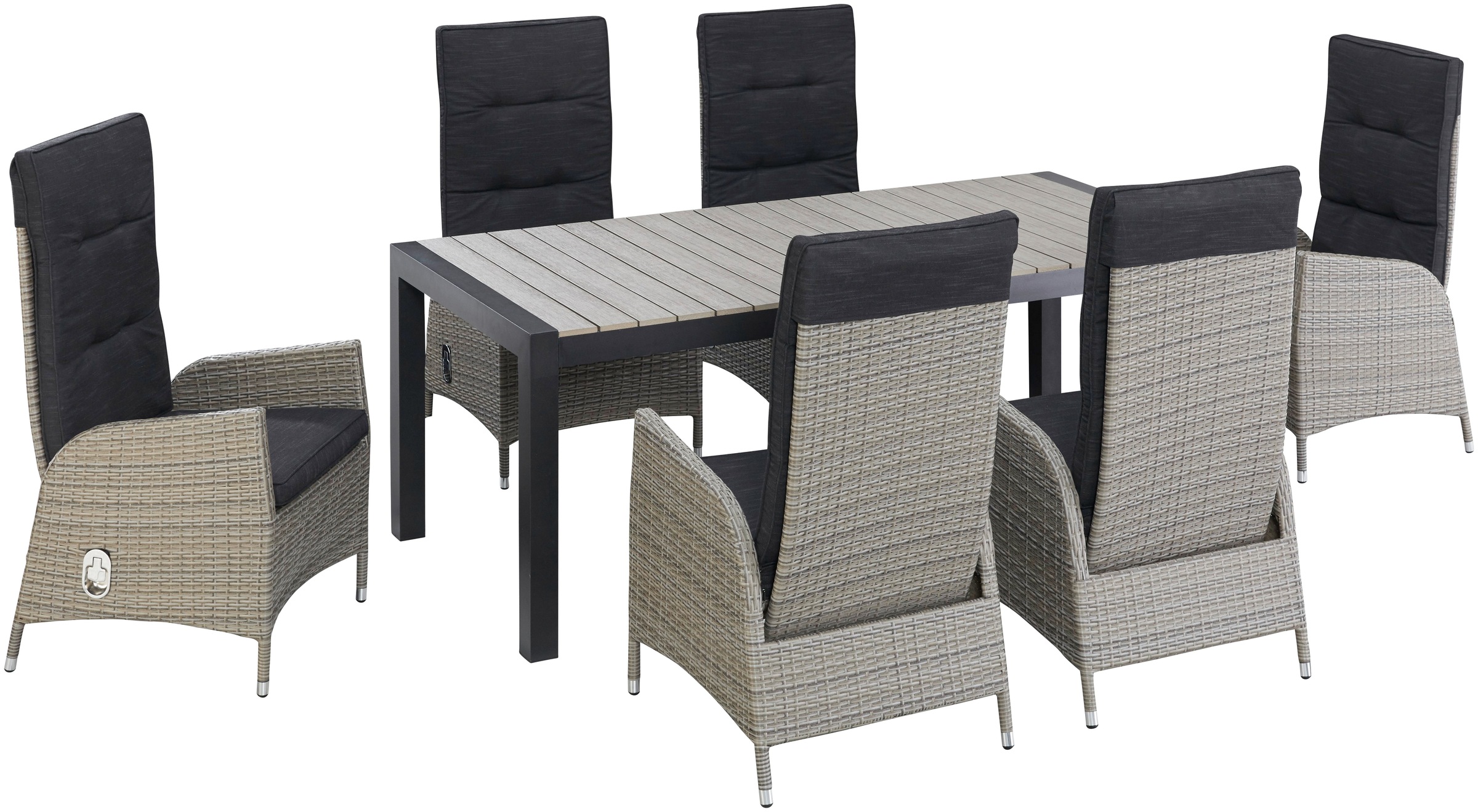 KONIFERA Garten-Essgruppe »Alva«, (Set, 13 tlg., 6x Stuhl, 1x Tisch ausziehbar 205-275 cm, inkl. Auflagen), Aluminium, Polyrattan, Rückenlehnen stufenlos verstellbar, Grau