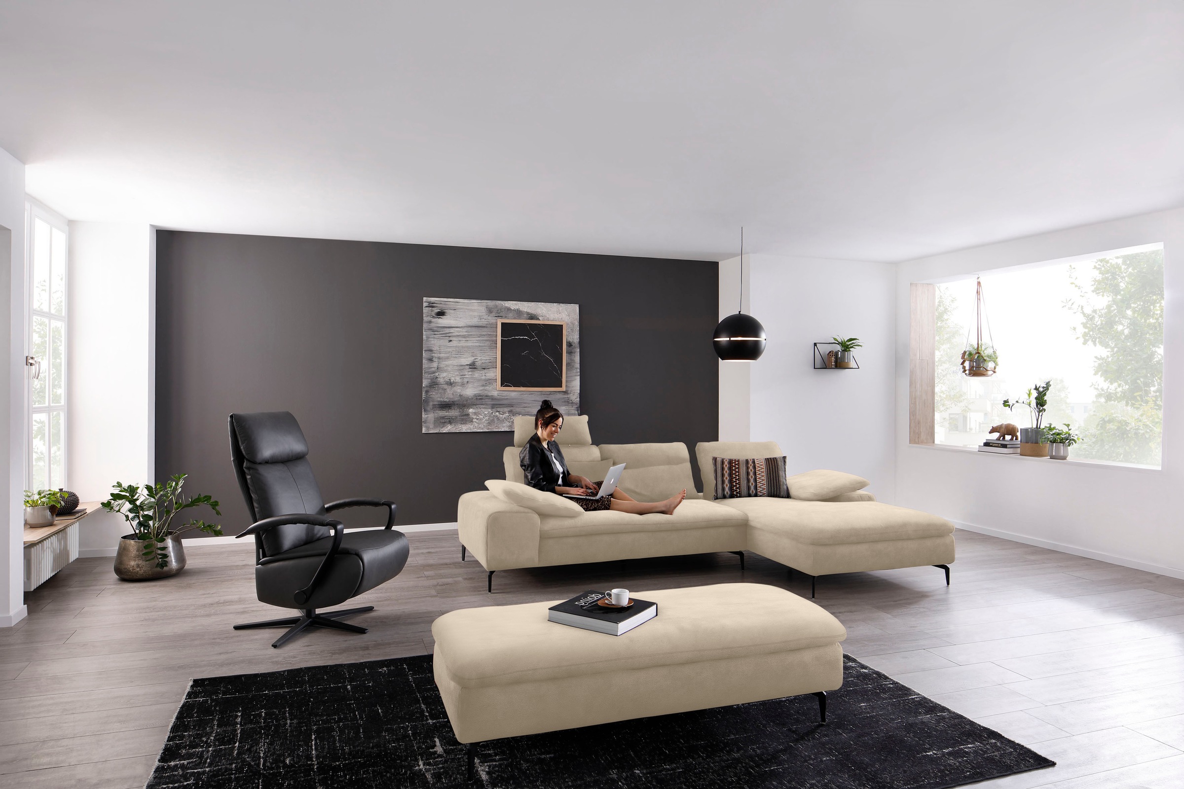 W.SCHILLIG Ecksofa »valentinoo, Designsofa, bequem, elegant und zeitlos, L-Form«, (Set), inklusive Hocker, mit Sitztiefenverstellung, Breite 299 cm