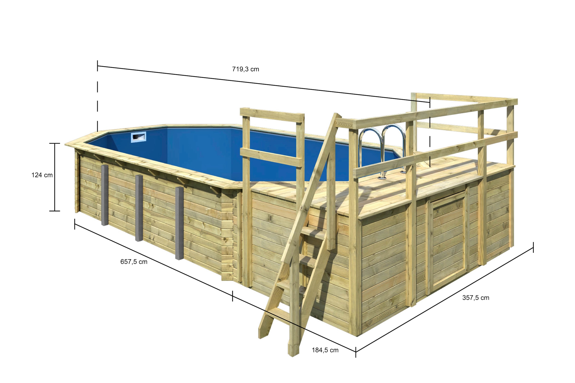 Karibu Achteckpool »SEVILLA Set D BxLxH: 780x400x124 cm, mit Sonnendeck und 2 Ecken«, (Set, 10 tlg.), 38 mm starke kesseldruckimprägnierte Holzbohlen aus Fichtenholz