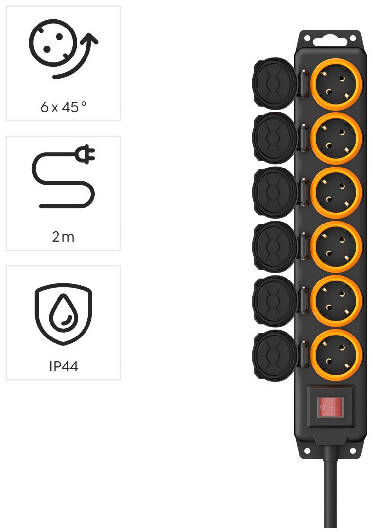 Hama Steckdosenleiste, 6-fach, (Ein- / Ausschalter-Schalterbeleuchtung-Klappendeckel Schutzkontaktkupplung-Schutzkontaktstecker Kabellänge 2 m), IP44