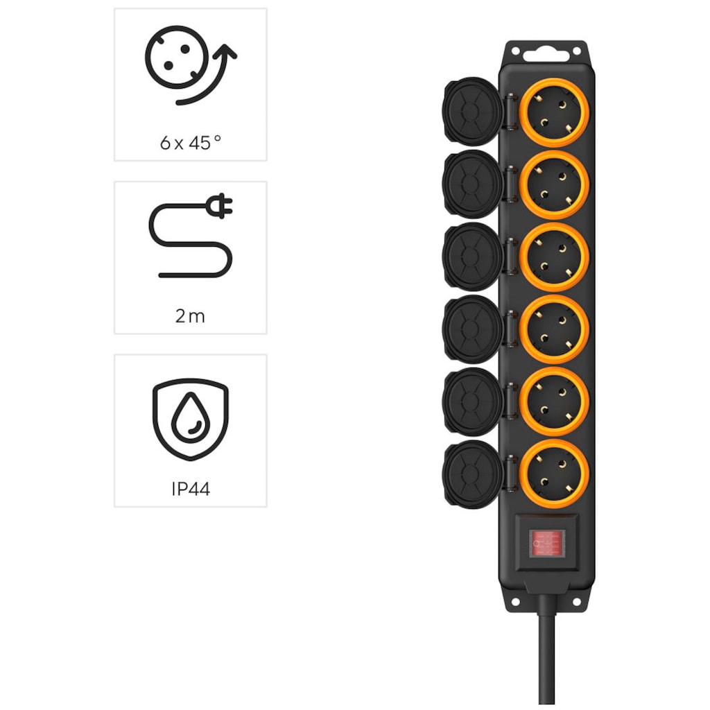 Hama Steckdosenleiste, 6-fach, (Ein- / Ausschalter-Schalterbeleuchtung-Klappendeckel Schutzkontaktkupplung-Schutzkontaktstecker Kabellänge 2 m)