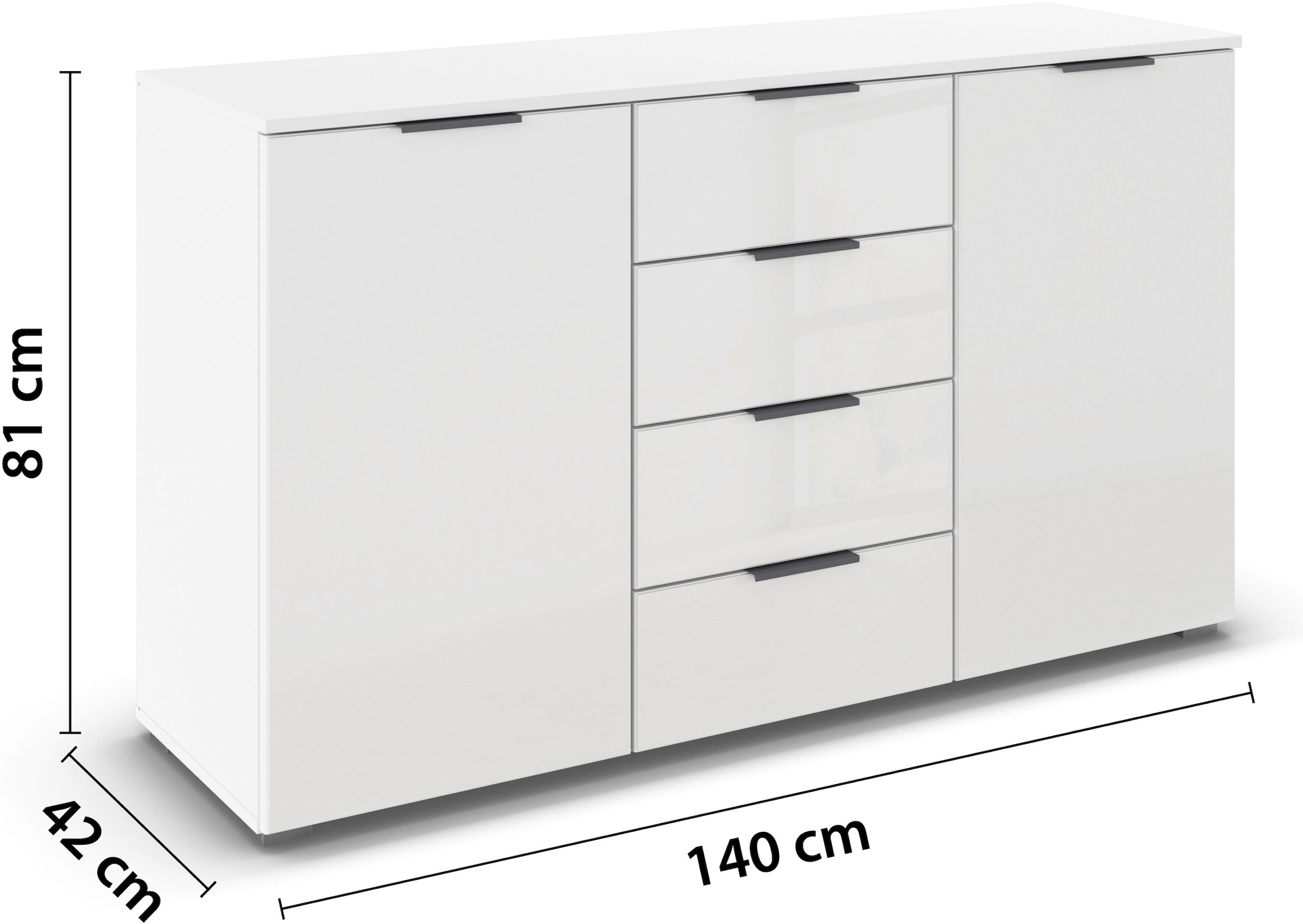 rauch Kombikommode »Sideboard Kombikommode Schubladenkommode AGORDO mit Glasfront«, (in zwei Griff-Farben), mit 4 Schubkästen und 2 Türen sowie Metallgriffen MADE IN GERMANY