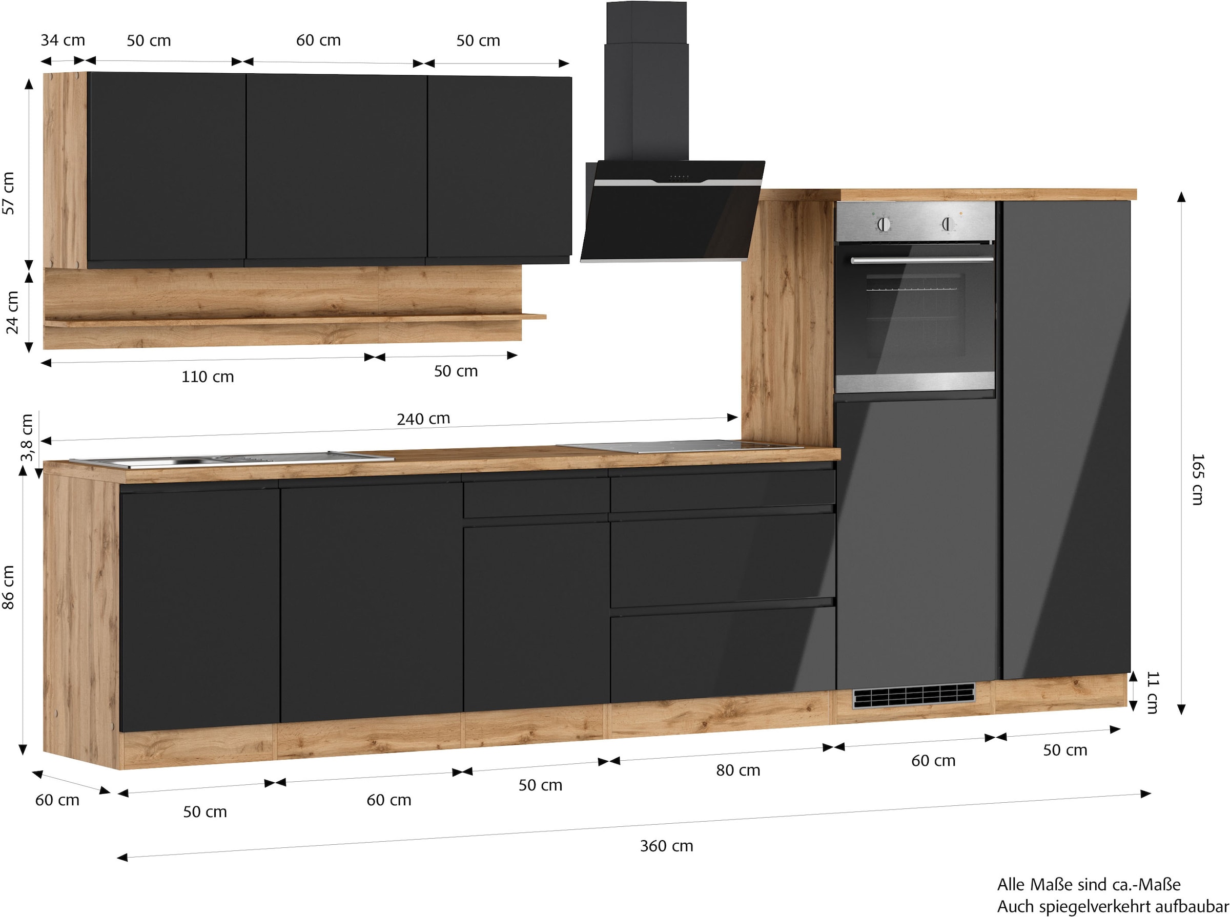 KOCHSTATION Küchenzeile »KS-Virginia,neu in verbesserter Ausführung« Arbeitsplatte 38 mm stark, Stauraum, Softclose,  Breite 350 cm, Soft-Close, ohne E-Geräte