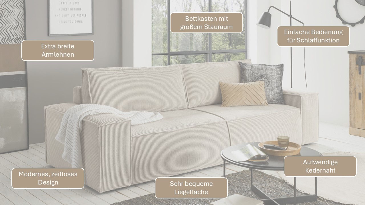 Home affaire 3-Sitzer »SHERWOOD Schlafsofa (257cm) Cord, Samtvelours, Vintage-Lederoptik« Schlaffunktion mit Bettkasten (ca. 136/200cm)