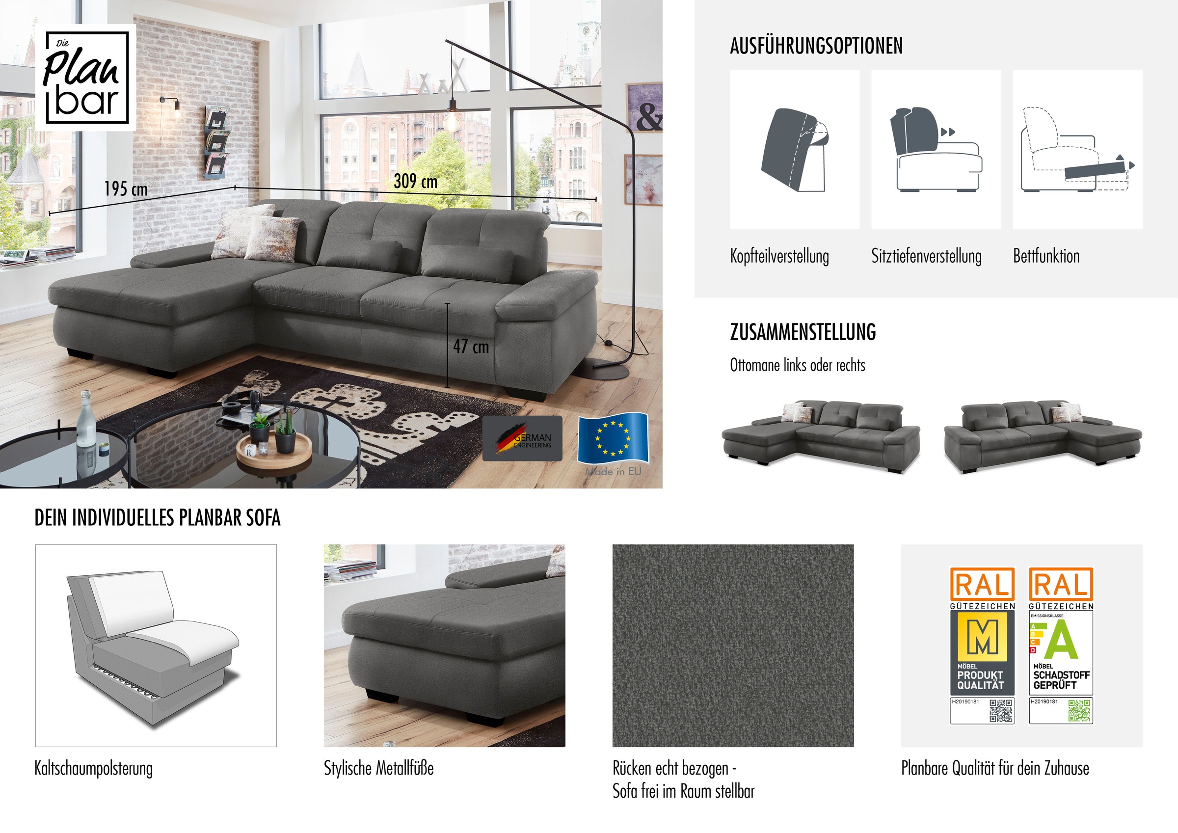 Die PlanBar Ecksofa »MP-IN16012 L-Form, mit Kaltschum-Polsterung« inkl. Sitztiefenverstellung, wahlweise mit weiteren Funktionen