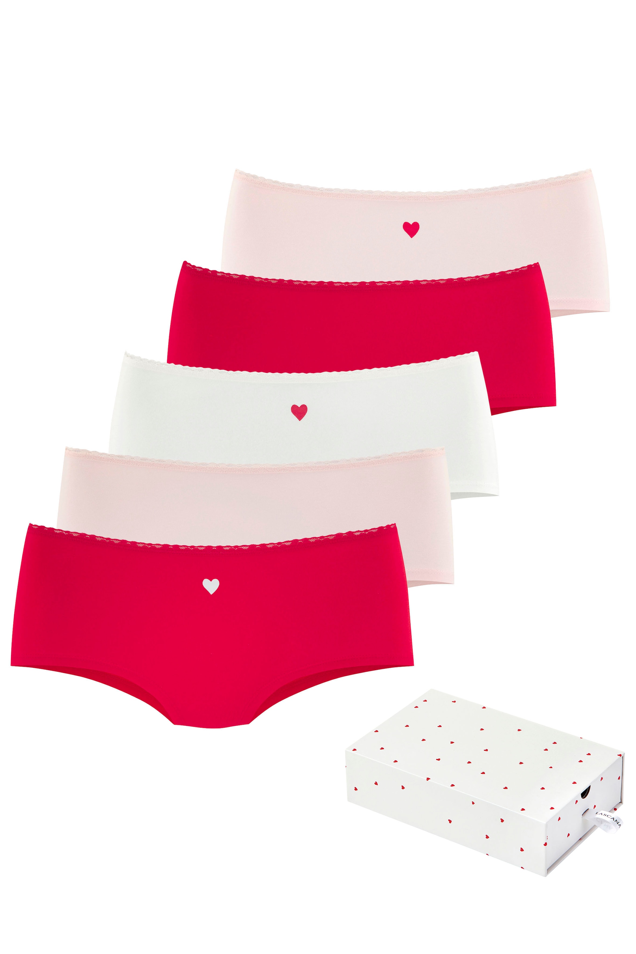 LASCANA Panty »Geschenk Box« 5er-Pack,  mit süßen Herzchen-Prints und aus elastischer Baumwoll-Qualität