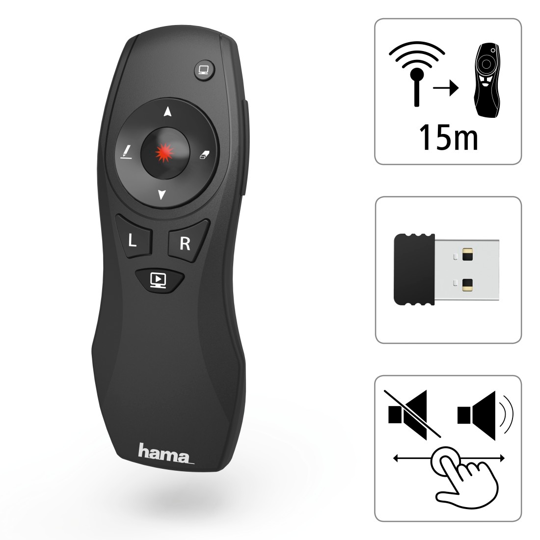 Hama Fernbedienung »Wireless-Laser Presenter 6in1, 15 m Reichweite, Laserpointer« Air-Maus-Funktion, Batteriebetrieb, Smart-Link, Digital Ink