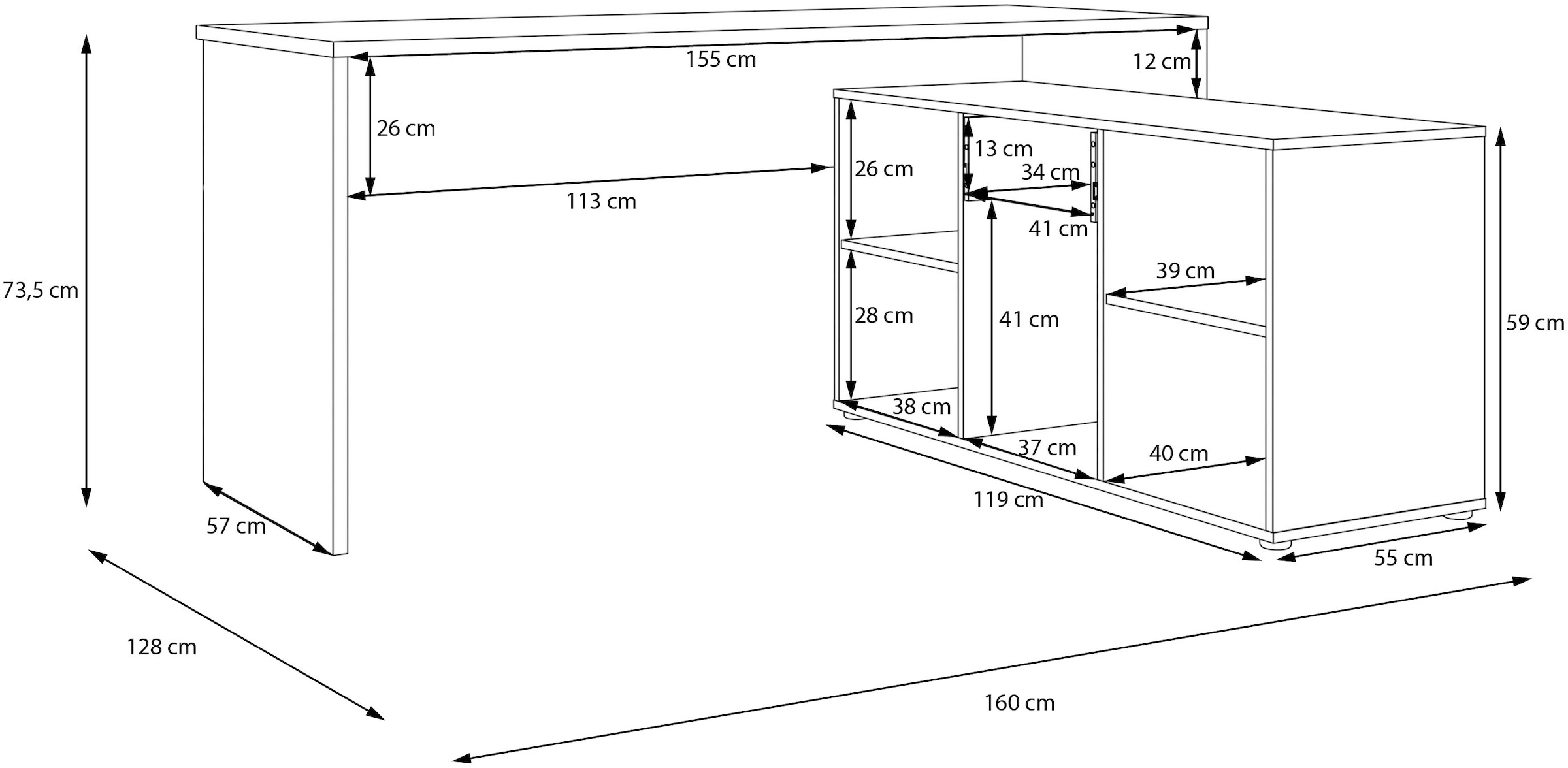 FORTE Eckschreibtisch »Contra Costa« B/H/T 160/73,5/128 cm, Über-Eck-Lösung