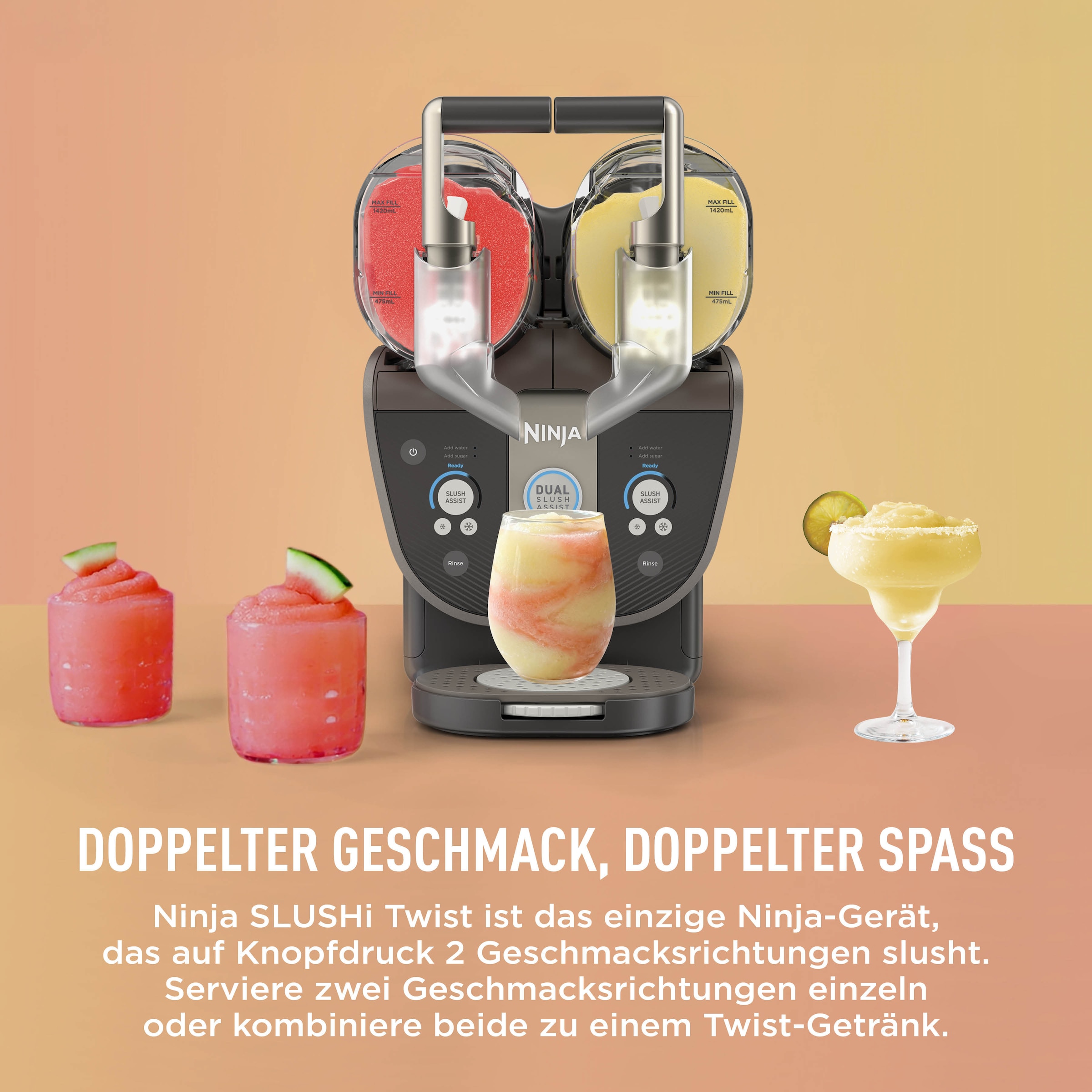 NINJA Slush-Eismaschine »SLUSHi Twist, 2-in-1 SLUSHi Maschine, Dual-SlushAssist-Technologie« 1,42 l 500 W 2 Behälter für gleichzeitige Zubereitung von zwei Geschmacksrichtungen