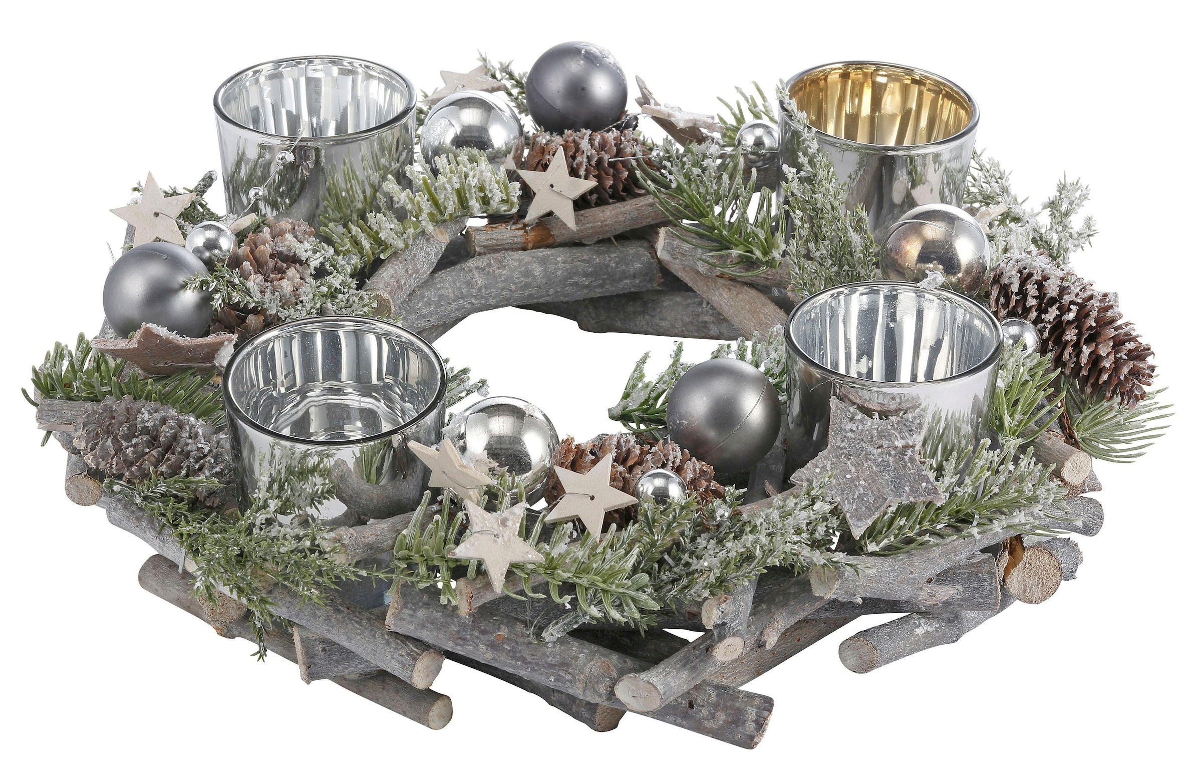 Home affaire Adventskranz »Weihnachtsdeko aus bequem Ø kaufen für Kerzenhalter Glitter«, cm und 4 mit Teelichter, Echtholz, online Kunstschnee 30