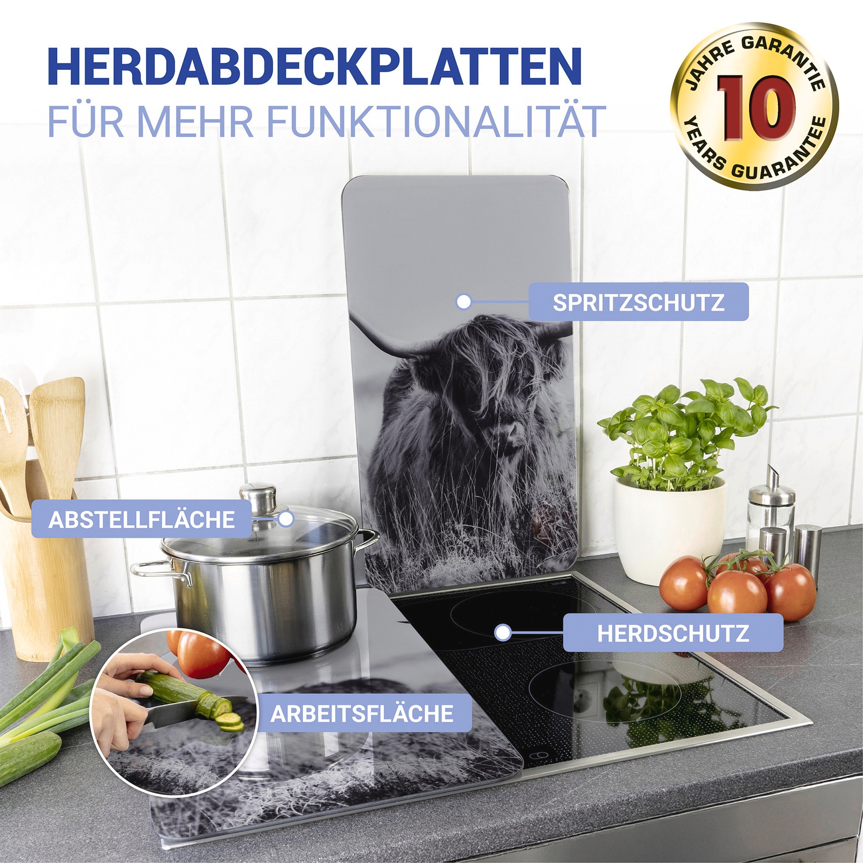 WENKO Herd-Abdeckplatte »Universal Modell Highland Cattle«, (Set, 2 tlg.), Herdabdeckung für alle Herdarten, kratzfest, mit rutschfesten Füßen