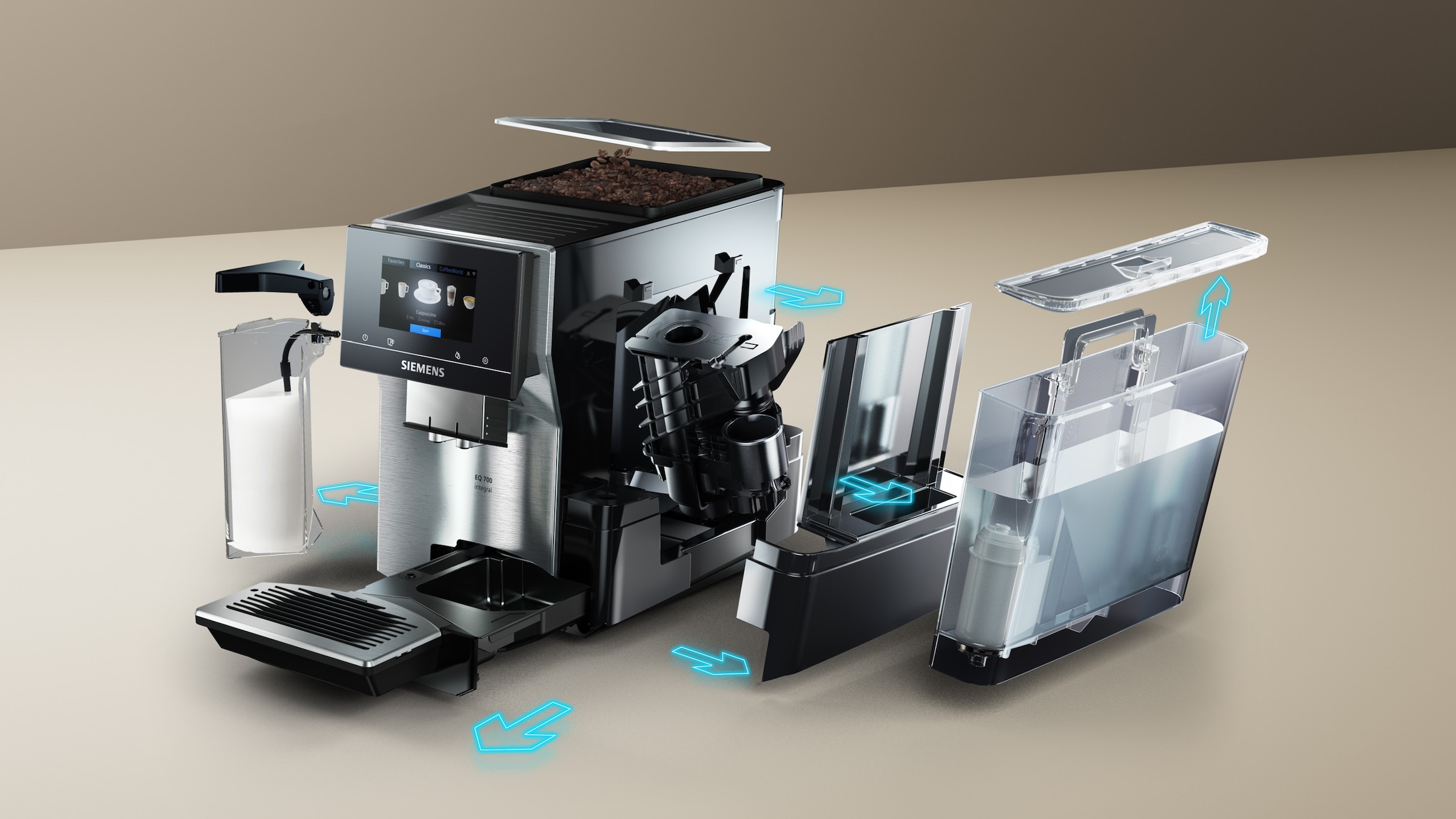 SIEMENS Kaffeevollautomat »EQ700 classic TQ717D03, Cold Brew, intuitives 5" TFT-Display, App«, aromaSelect, 30 Favoriten, autom. Dampfreinigung, edelstahl