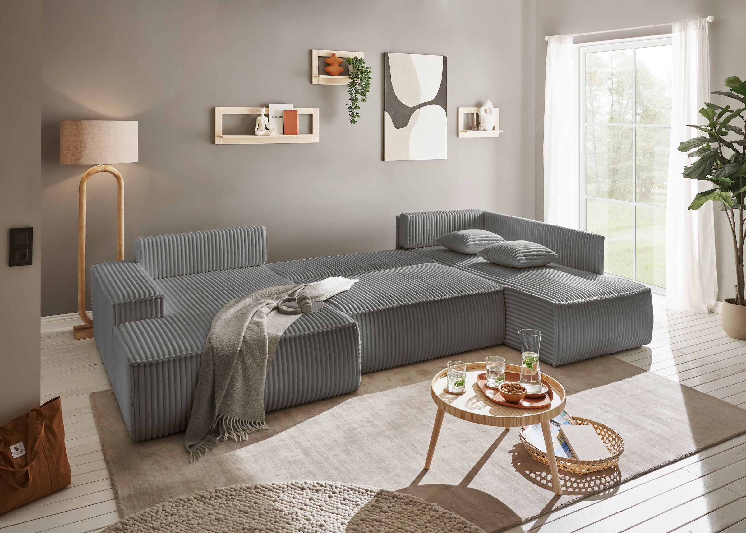 andas Wohnlandschaft »FINNLEY U-Form XXL 329 cm, Schlafsofa, Schlaffunktion m. Bettkasten«, (194/139 cm), Bouclé, Struktur und Cord