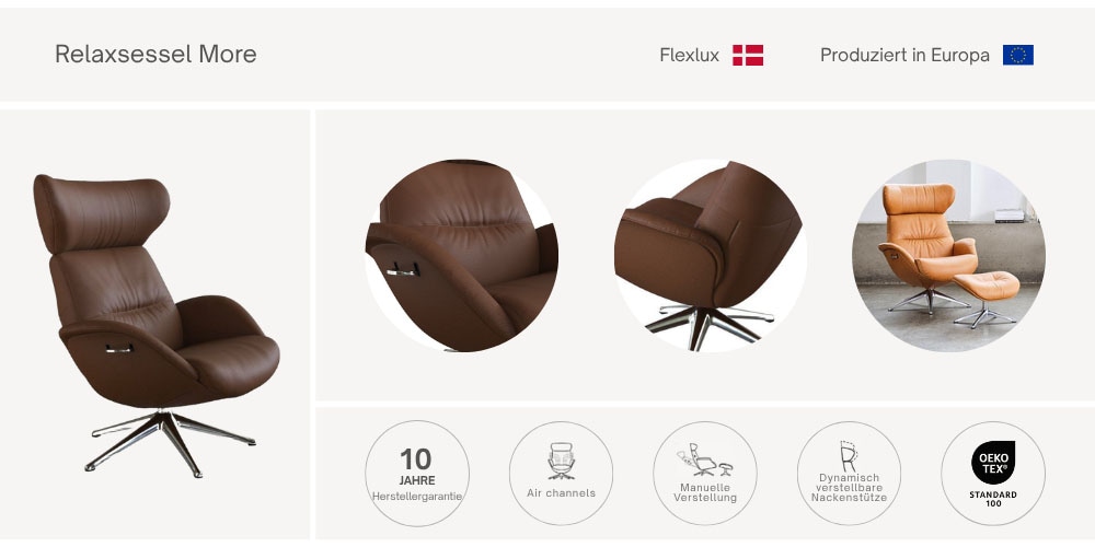 FLEXLUX Relaxsessel »Fernsehsessel More, ergonomisch, drehbar, robuster Fuß, Scandi«, Premium Komfort, Rücken- & Kopfteilverstellung, drehbar, Fuß schwarz