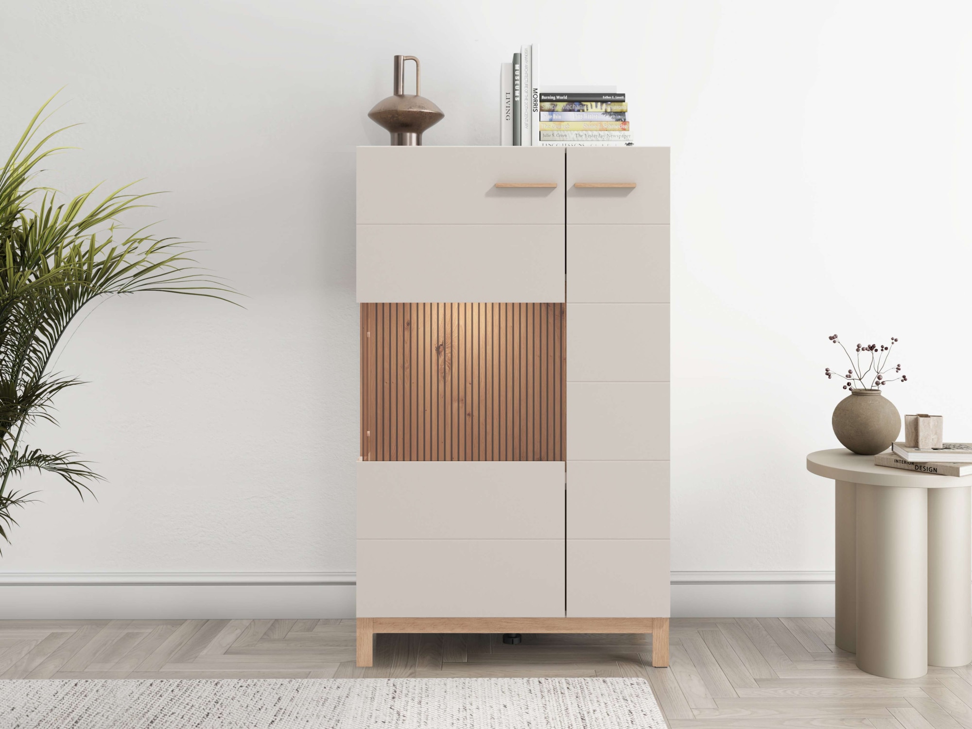 Home affaire Highboard "Essex, Hochkommode, Vitrine, Glasvitrine, Kombi-Highboard" Modernes Highboard in Kaschmir mit Glasfront & Lamellen-Optik