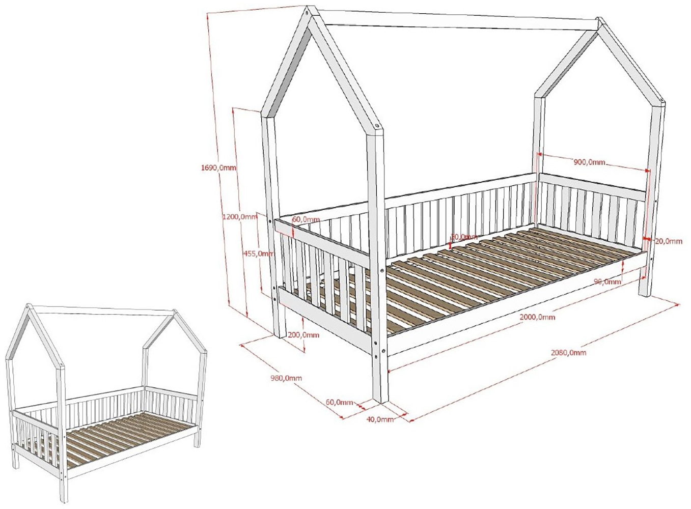 Vipack Massivholzbett »mit Tipi Dach, seitlich und hinten mit Sprossenumrandung« Liegefläche 90/200 cm mit Rollattenrost und Bettschublade auf Rollen,  Korpus aus massiver Kiefer, weiß lackiert