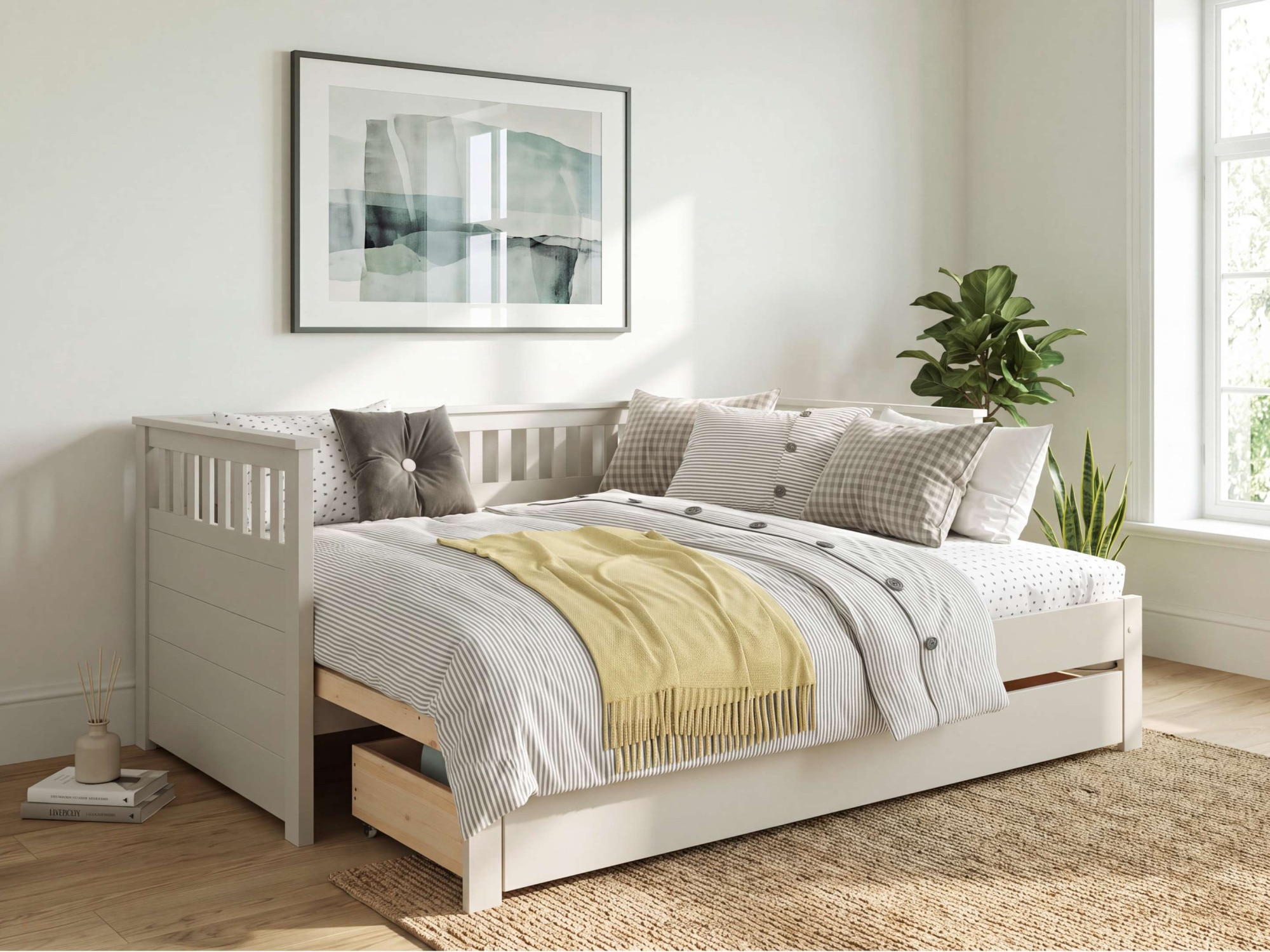 OTTO home Daybett »Morrick, ausziehbar, 2 Schlafplätze + Schublade, Cashmere Beige« massive Kiefer, schöne Sprossenoptik, Stauraum, Skandi Look