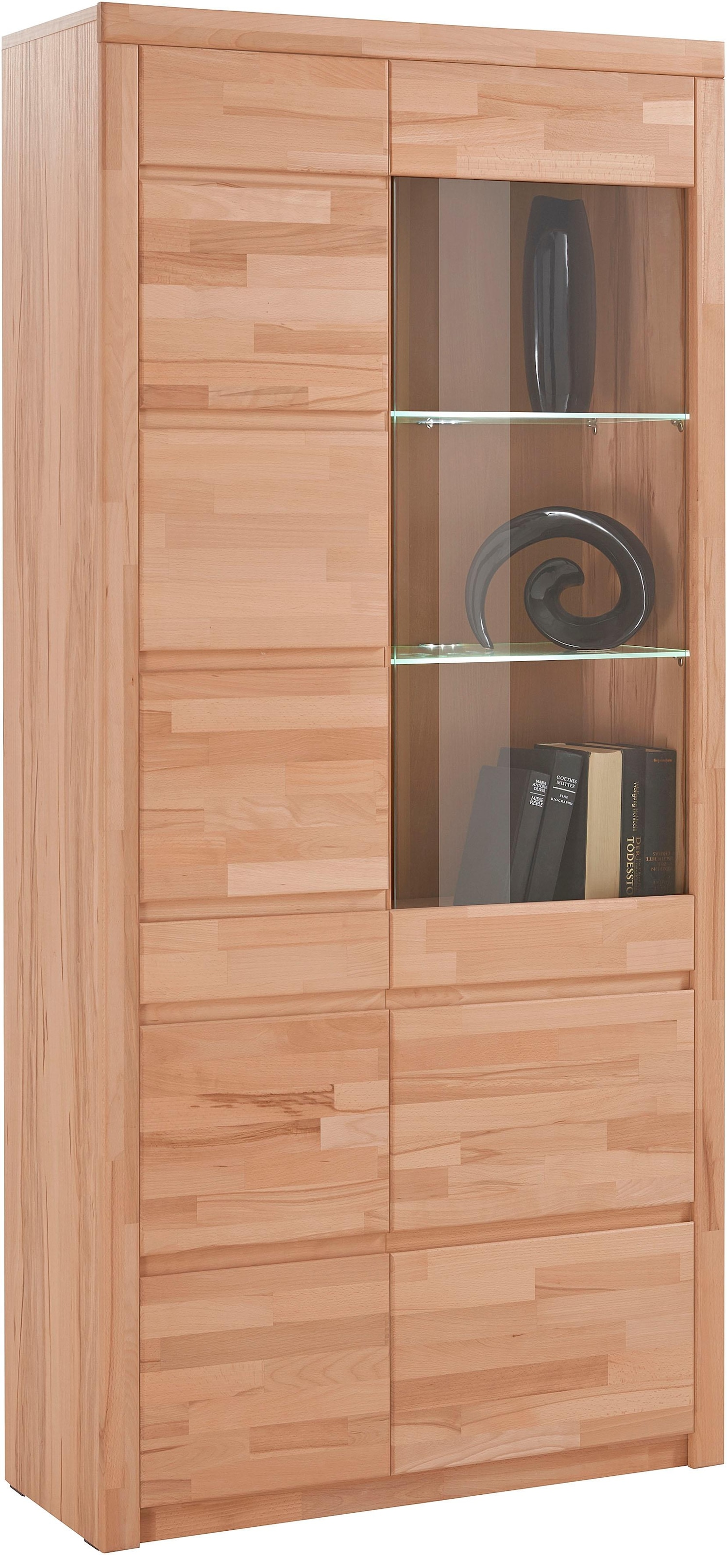 OTTO home, Vitrine »SILBEKORG B/T/H: 90/35/190cm, Fronten & Leisten aus Massivholz« 10 Fächer, variable Einlegeboden aus Glas&Melamin, Korpus aus 