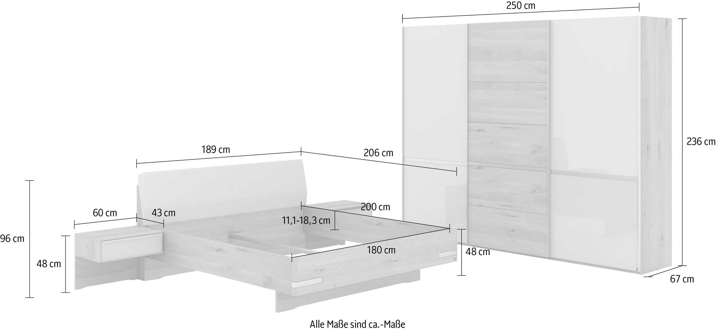 Musterring Schlafzimmer-Set »Savona, Kleiderschrank, Bett & Nachtkommoden, teilmassiv Bianco-Eiche«, (2er-Set Nachtschränke, Schwebetürenschrank, Bett 180x200 cm), Kopfteil Kunstleder Champagner, Schrank mit Eiche- und Glastüren