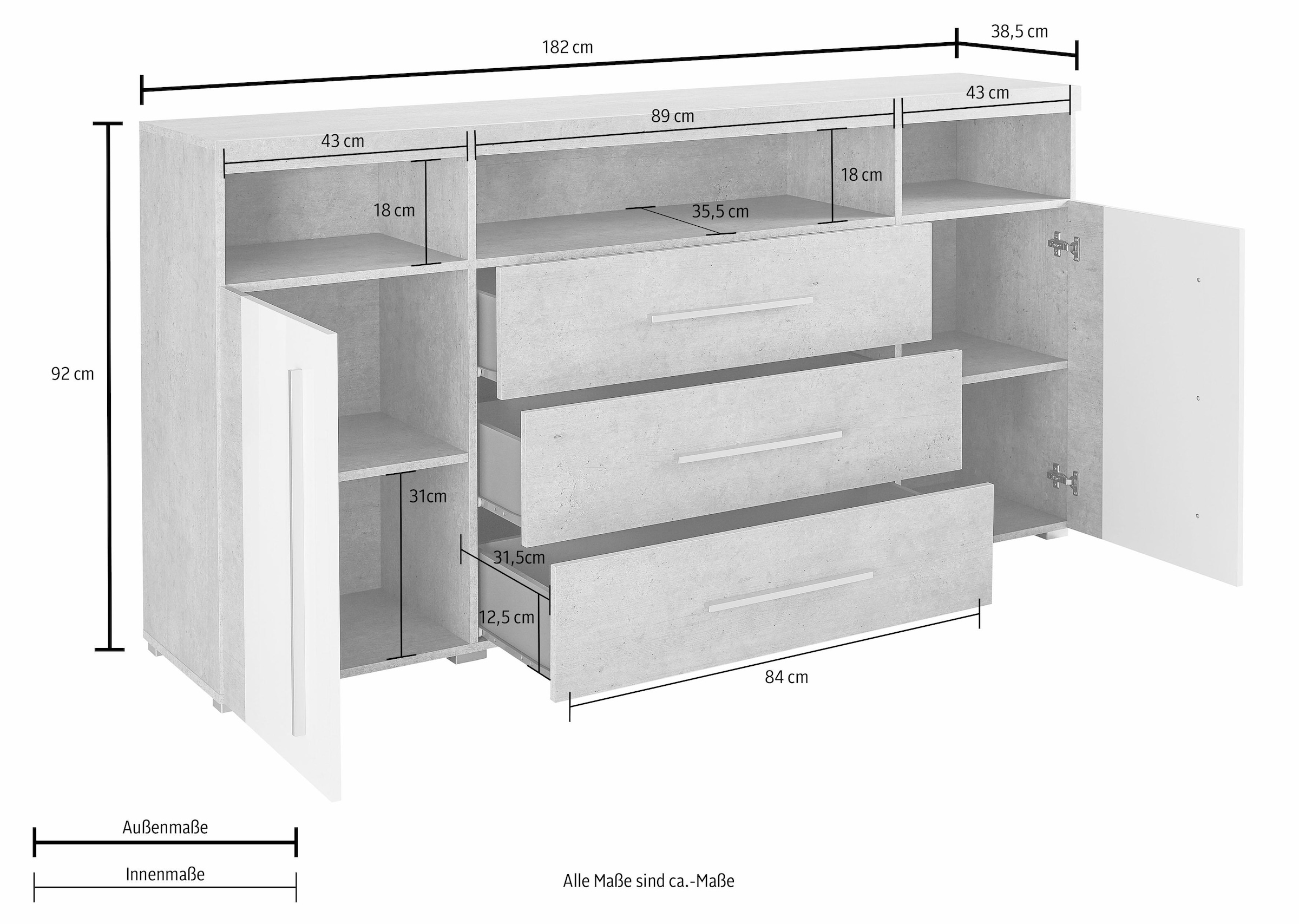 INOSIGN Sideboard »Roger,Breite 182cm, stilvolle Schrank, 2 Holztüren 3 Schubladen«, Kommode mit viel Stauraum, Einlegeböden verstellbar