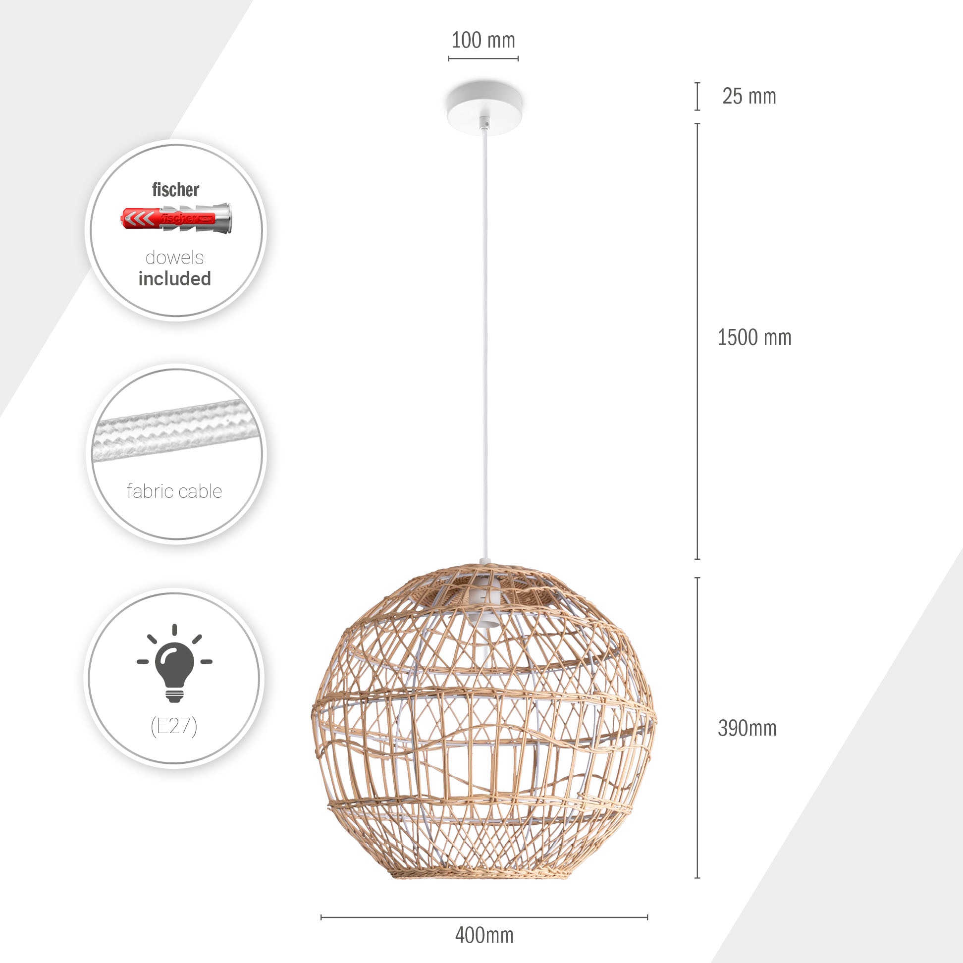 Paco Home Garantie Boho Pendelleuchte Hängeleuchte Modern Stil online Wohnzimmer Rund | E27 Jahren mit kaufen »MAITE«, 3 Rattan XXL Korblampe