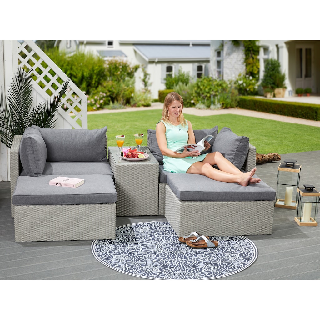 KONIFERA Gartenlounge-Set »Dallas«, (Set, 13 tlg., 2xSessel, 2xHocker, 1xTisch 70x40x51cm,inkl. Auflagen,Stahl/Polyratten)