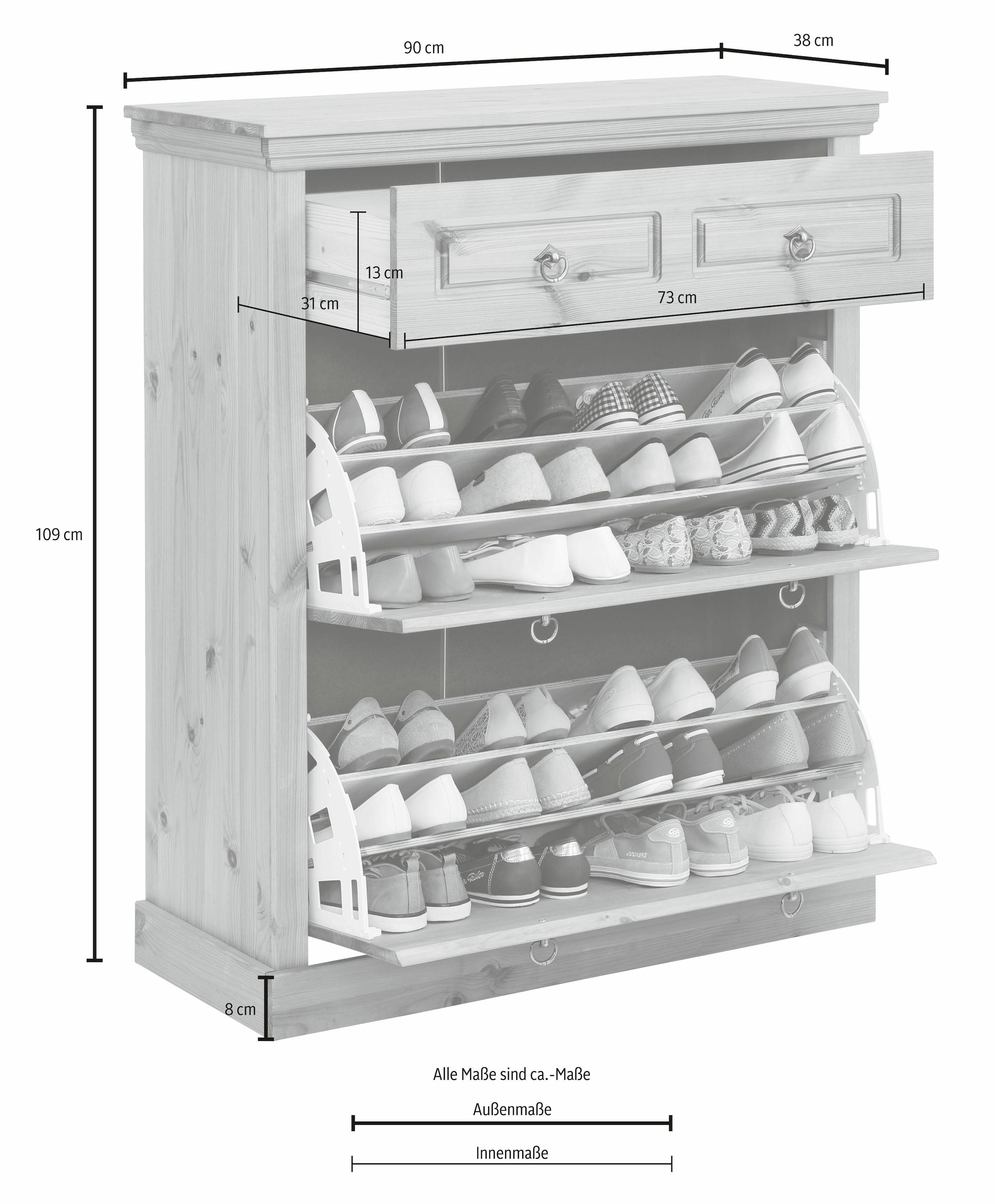 Home affaire Schuhschrank »Basilico«, aus massiver Kiefer, FSC®, Breite 90 cm, mit Schublade, Kassettenoptik