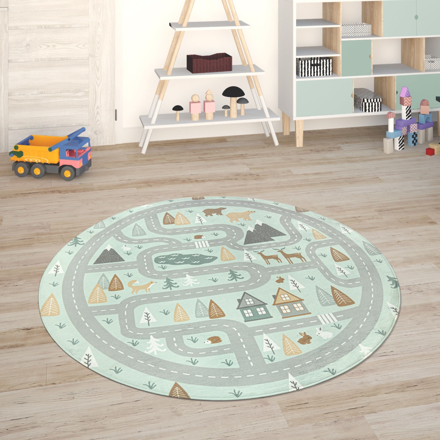 Paco Home Kinderteppich "Chicos 550" rund 2 mm Höhe Flachgewebe, Straßen-Spiel-Teppich, Kinderzimmer