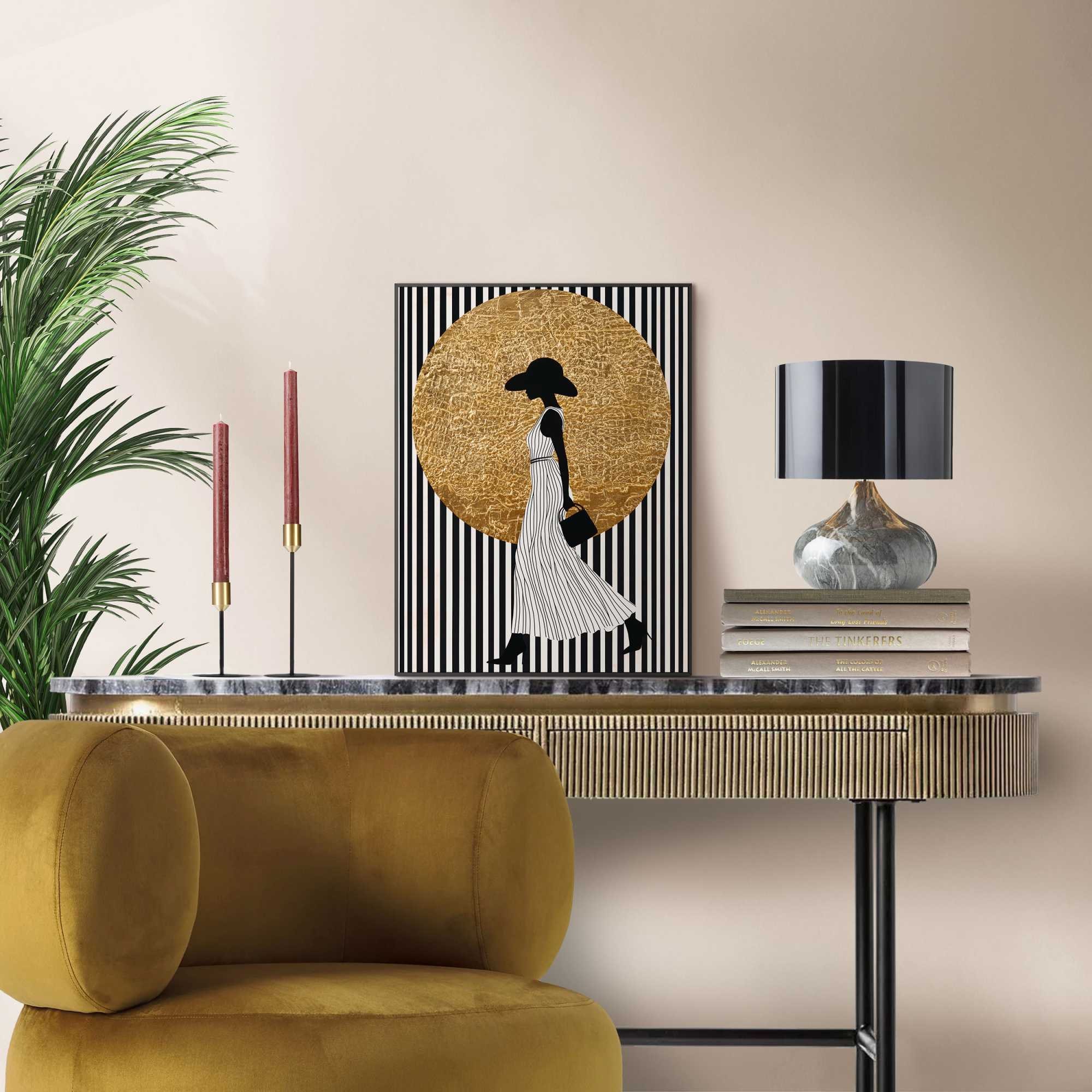 Reinders! Poster »Walking Lady« Wohnzimmer - Dame - Streife - Schwarz-Weiß - MDF - Gold - 30x40 cm