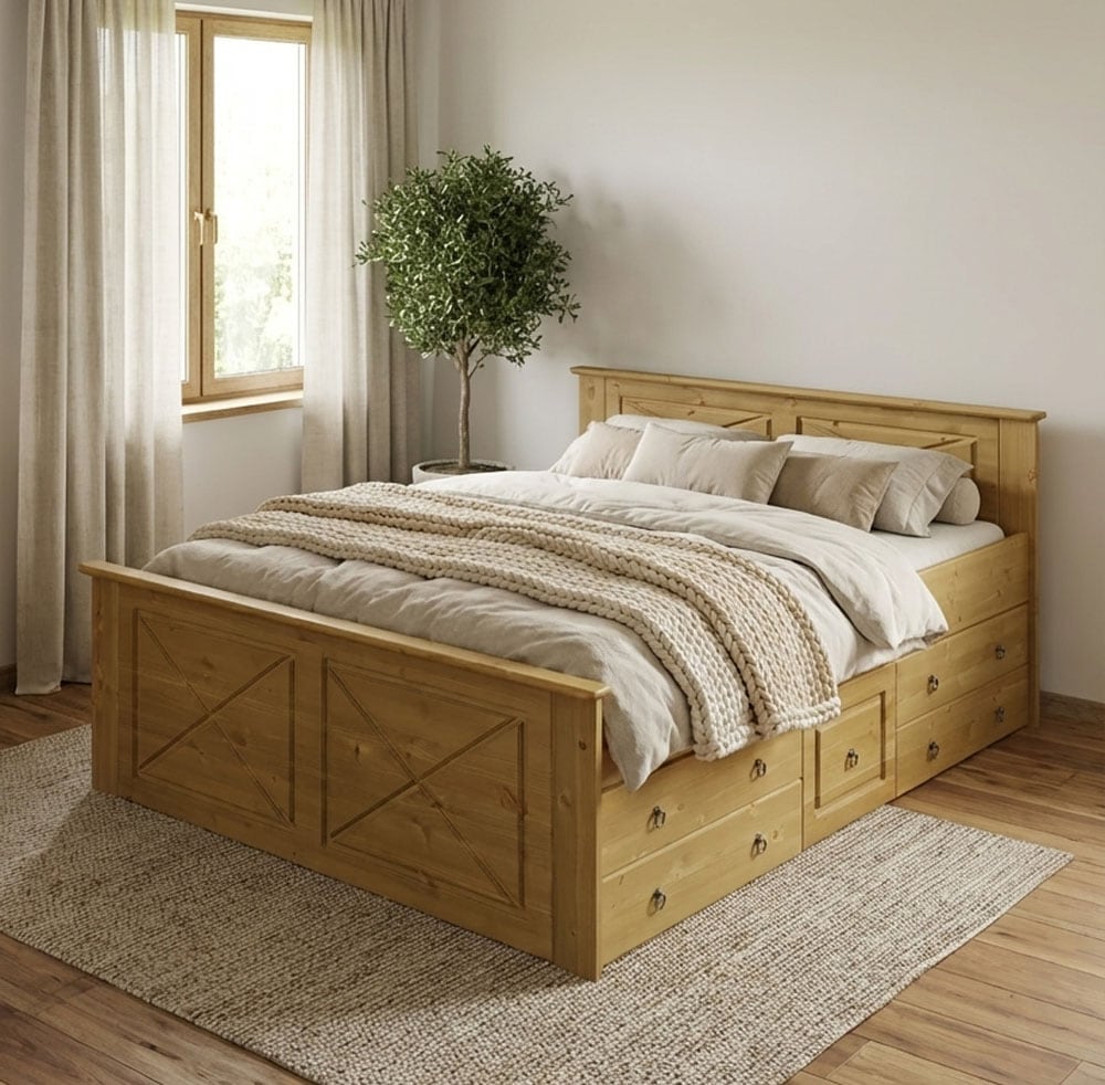 OTTO home Massivholzbett »Hugo, FSC® zertifiziertes Massivholz, optionaler Stauraum/ Bettkästen« B/T/H: 153/208/84 cm, Liegefläche  140x200,  aus massiver Kiefer, Landhaustil mit edlen Verzierungen, Made in EU